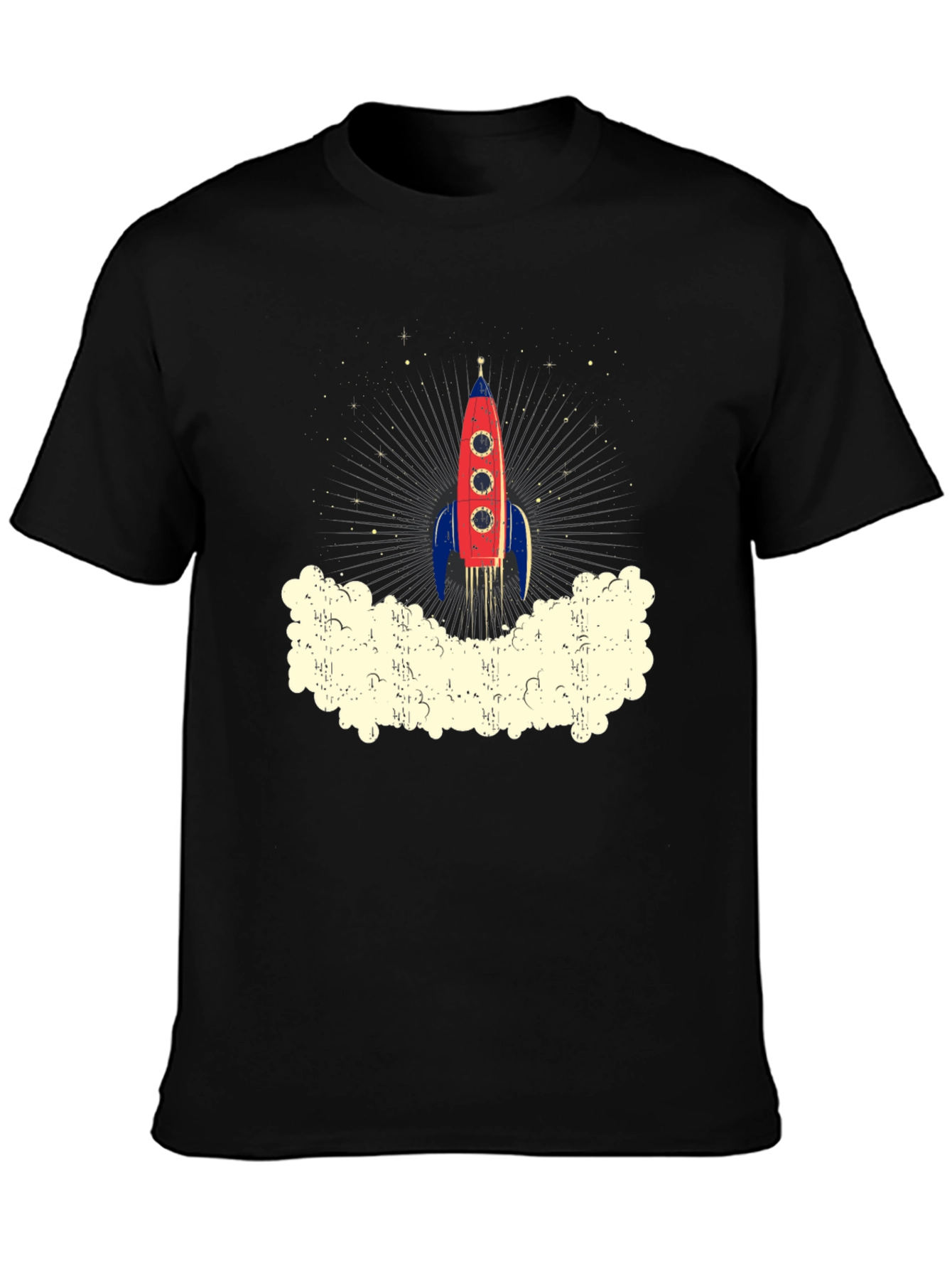 Retro Rocket Launch Graphic Tee - Black Cotton T-Shirt