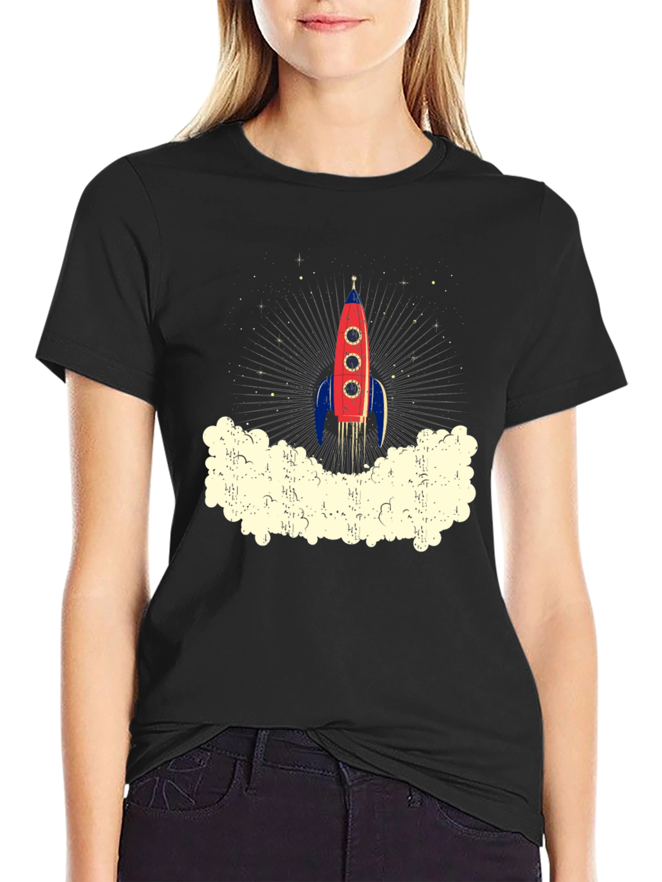 Retro Rocket Launch Graphic Tee - Black Cotton T-Shirt