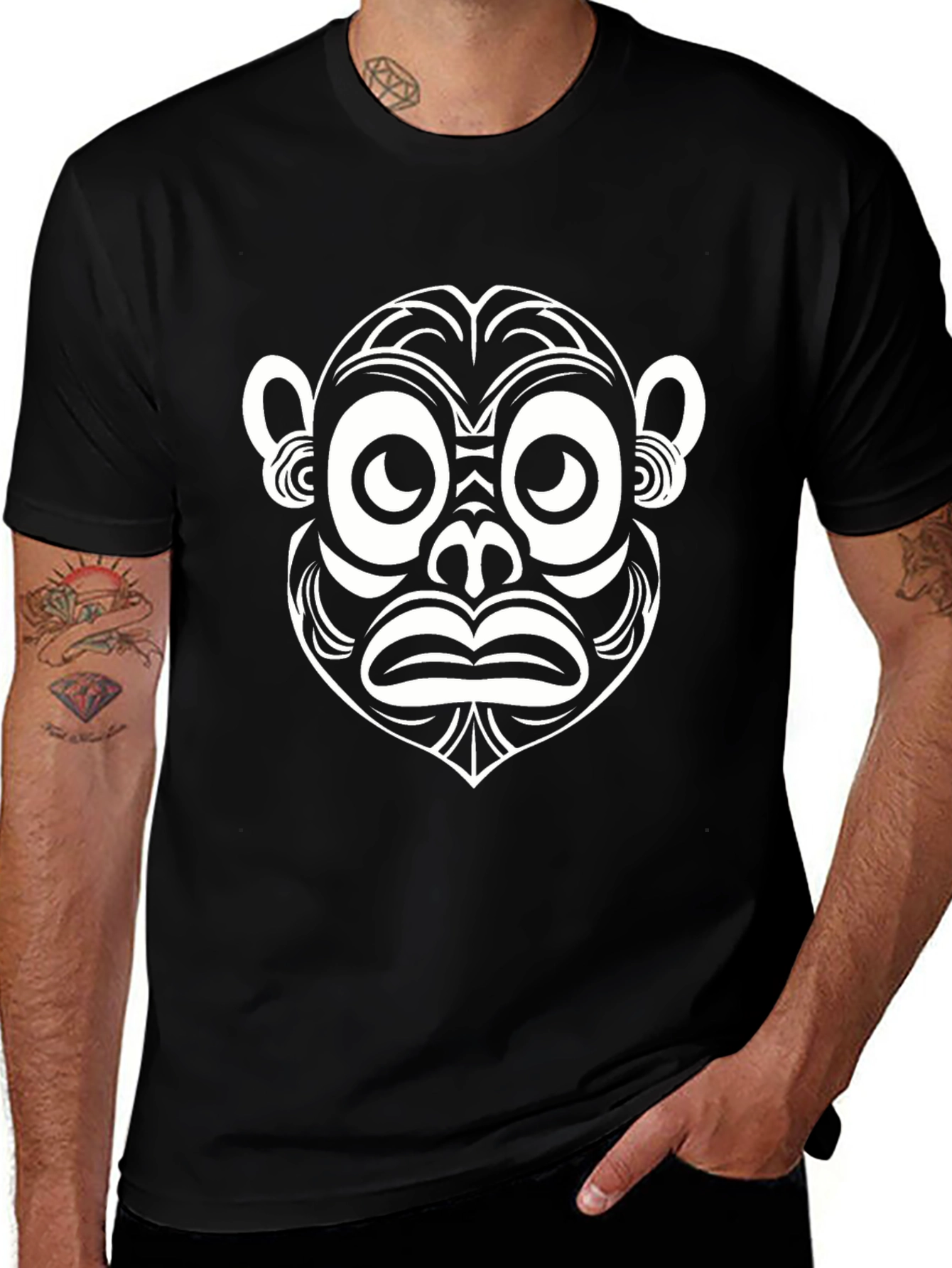 Abstract Monkey Face Graphic Tee - Black