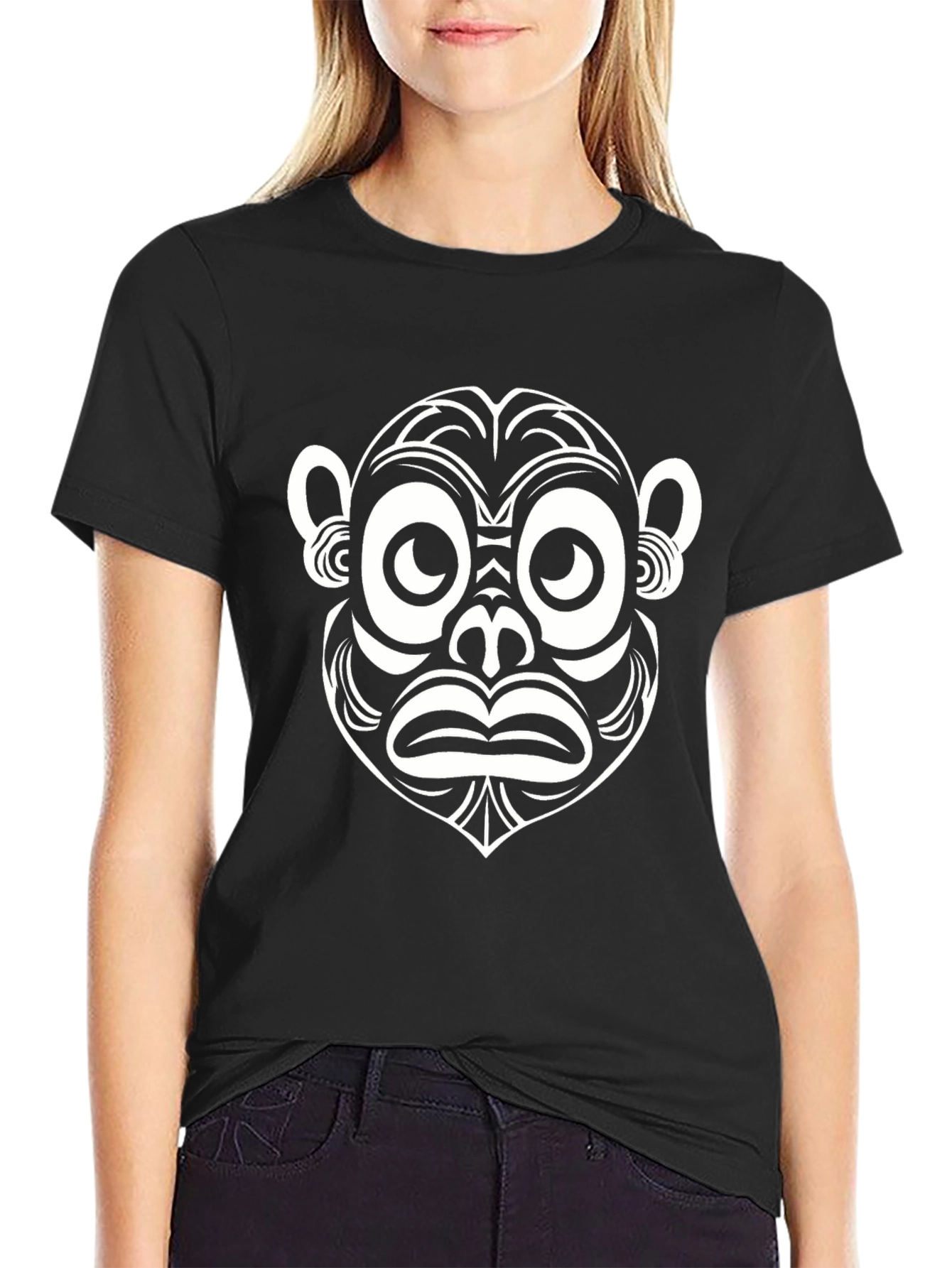 Abstract Monkey Face Graphic Tee - Black