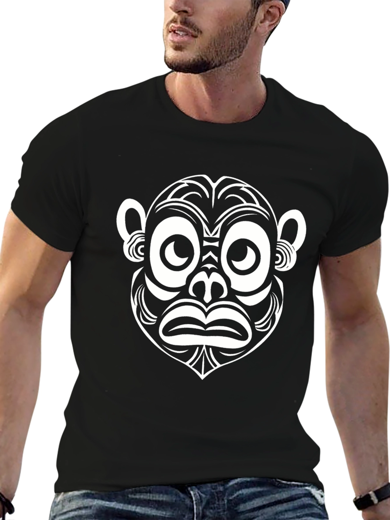 Abstract Monkey Face Graphic Tee - Black