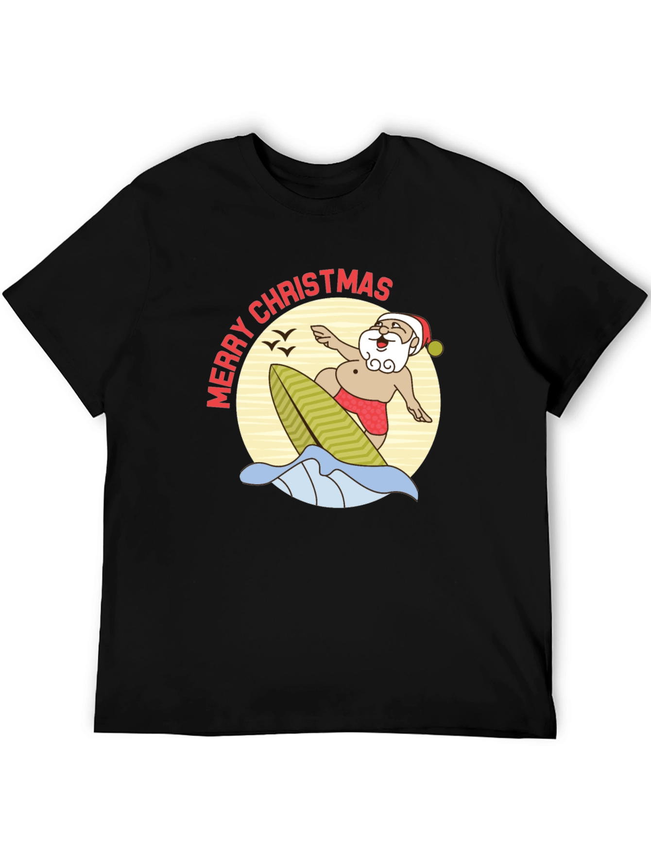 Surfing Santa Merry Christmas Black T-Shirt