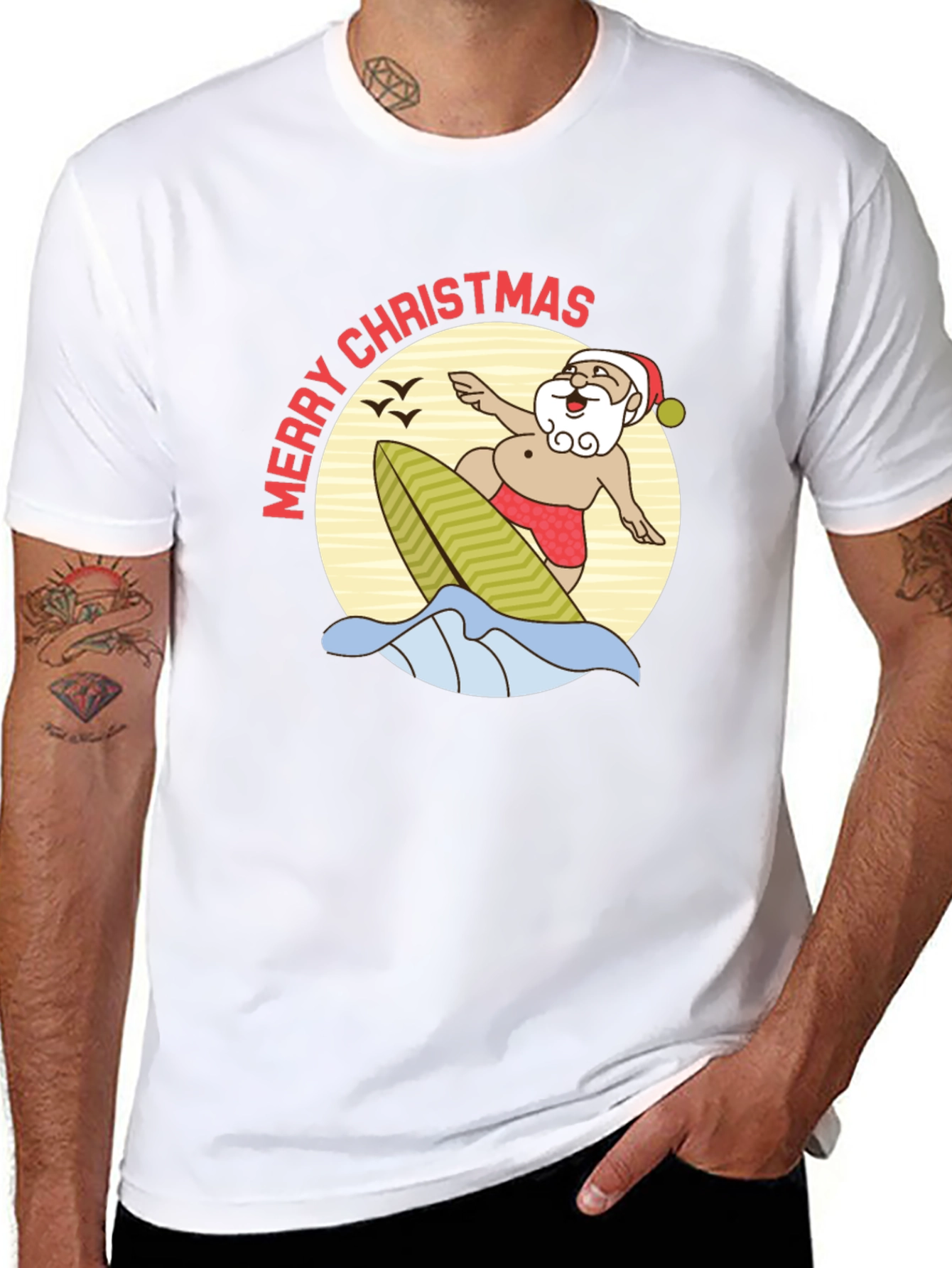Surfing Santa Merry Christmas Black T-Shirt