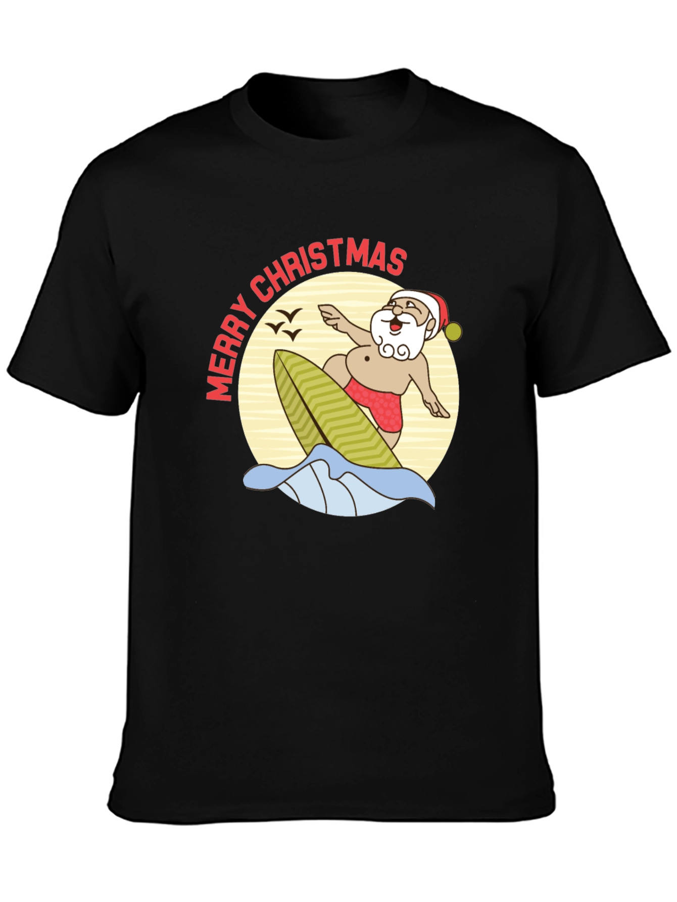 Surfing Santa Merry Christmas Black T-Shirt