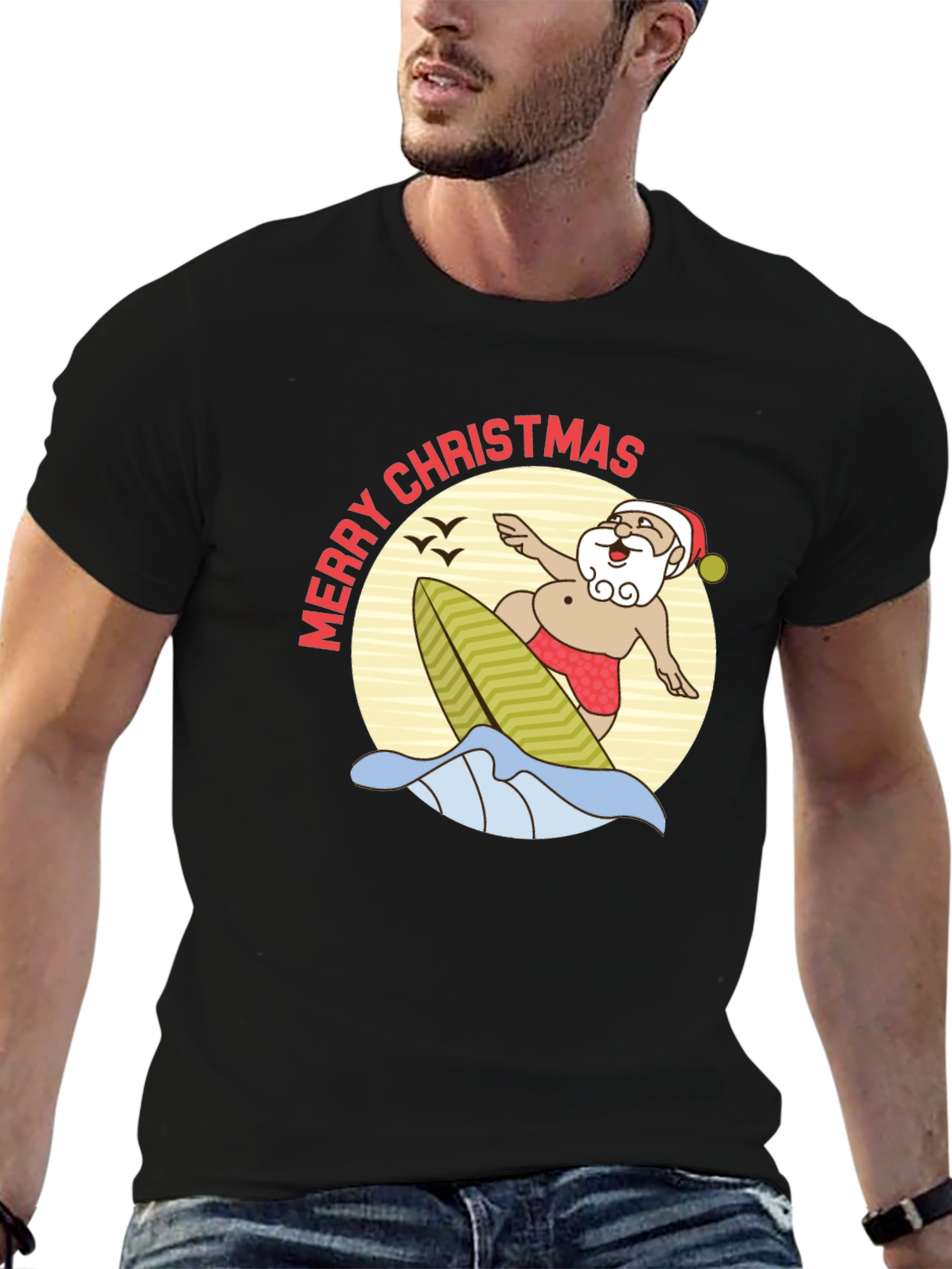 Surfing Santa Merry Christmas Black T-Shirt