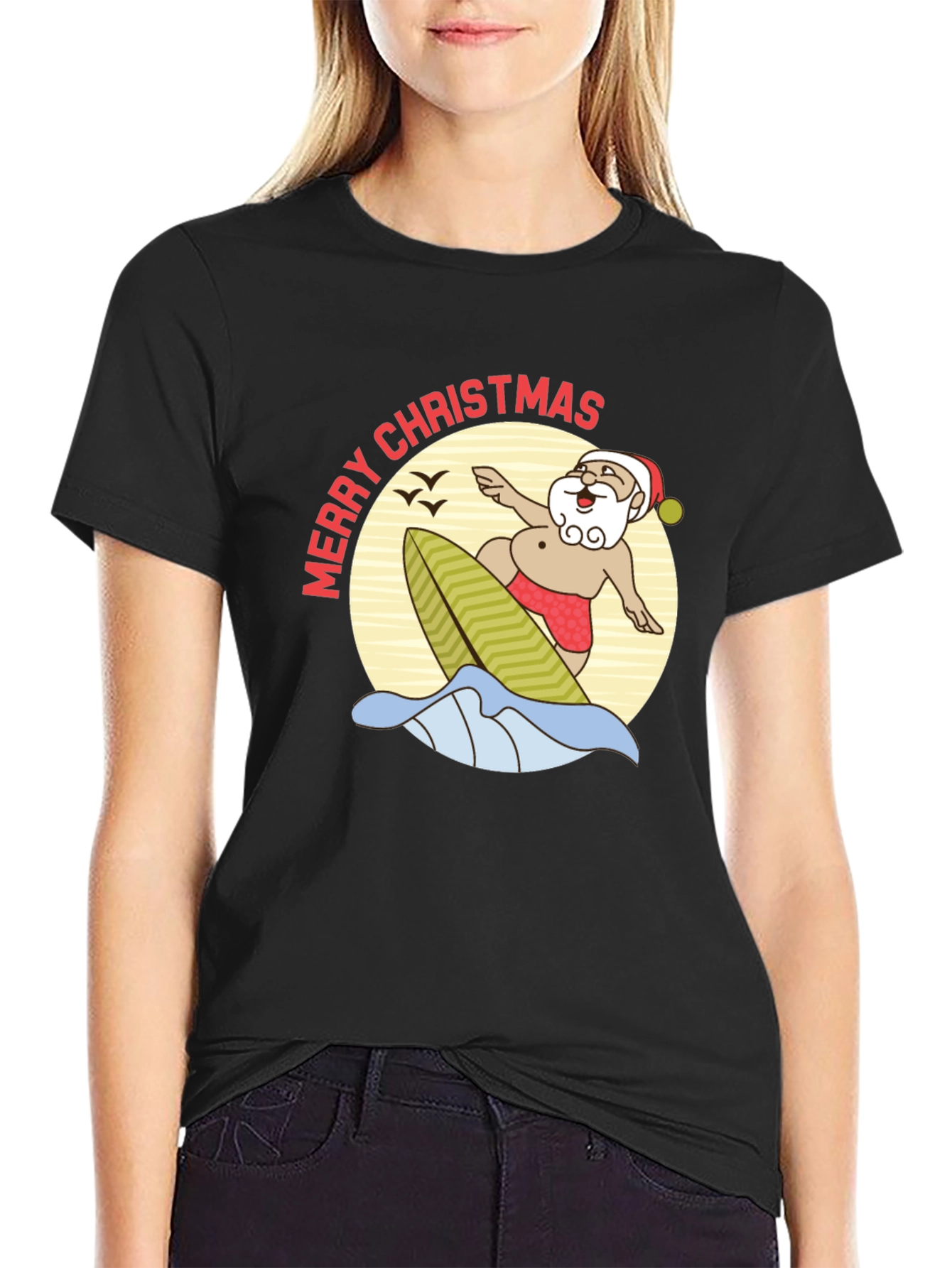 Surfing Santa Merry Christmas Black T-Shirt