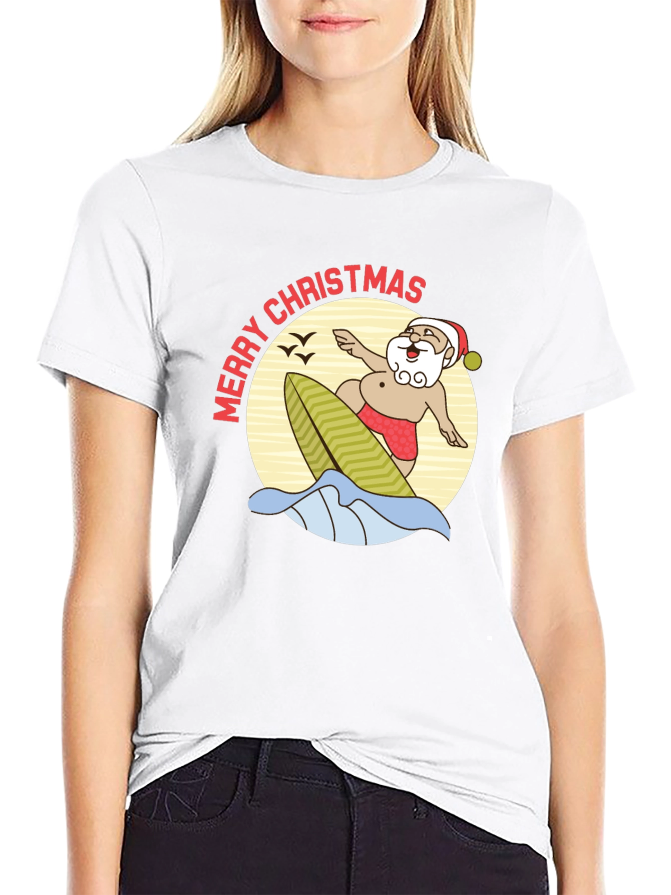 Surfing Santa Merry Christmas Black T-Shirt