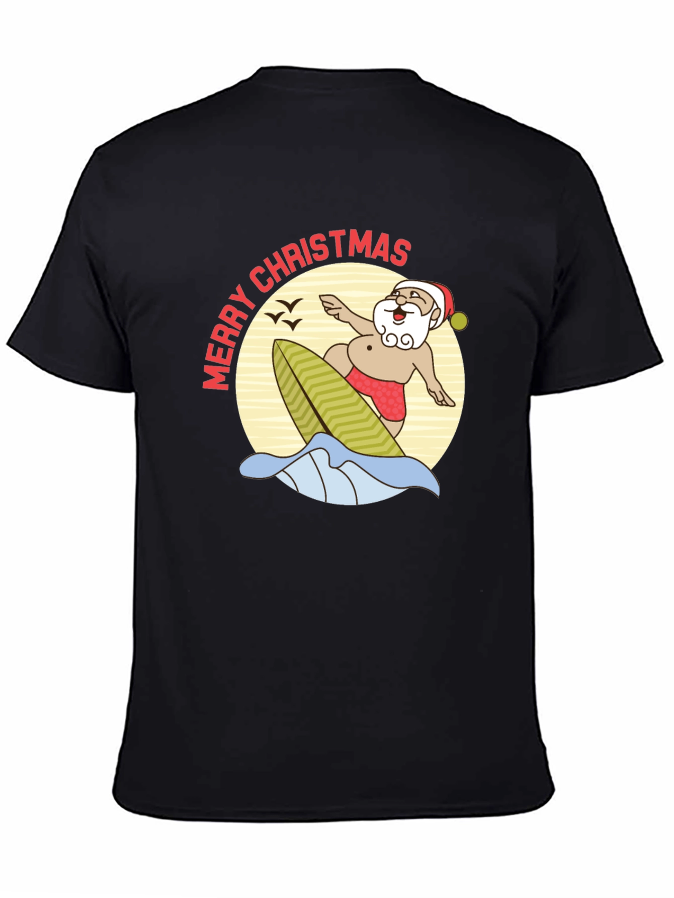 Surfing Santa Merry Christmas Black T-Shirt