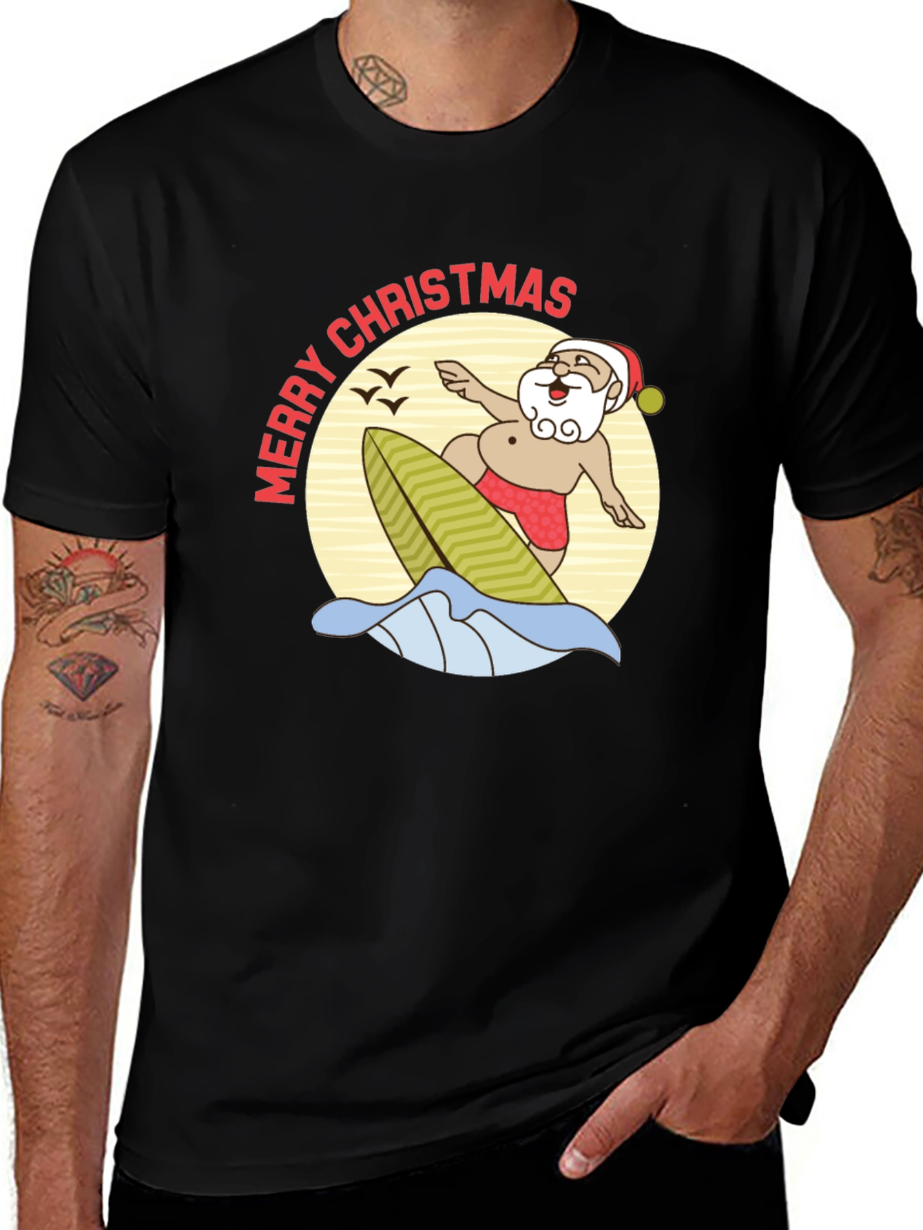 Surfing Santa Merry Christmas Black T-Shirt