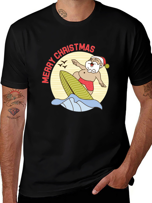 Surfing Santa Merry Christmas Black T-Shirt