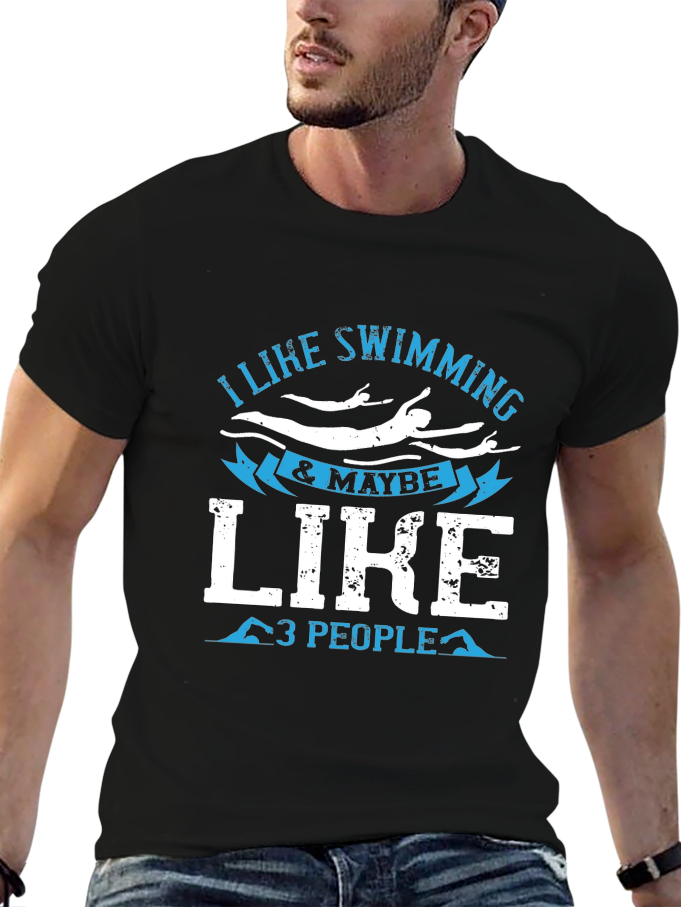 I Like Swimming & Maybe 3 People Black T-Shirt