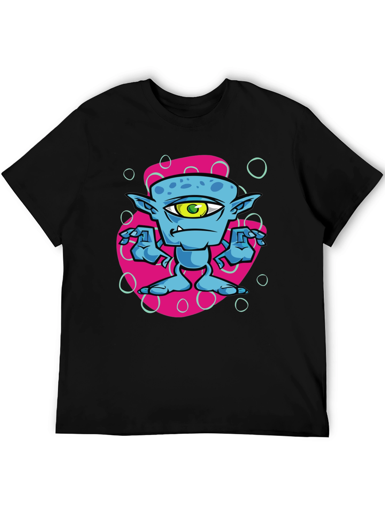 One-Eyed Alien Cartoon Graphic Tee - Black