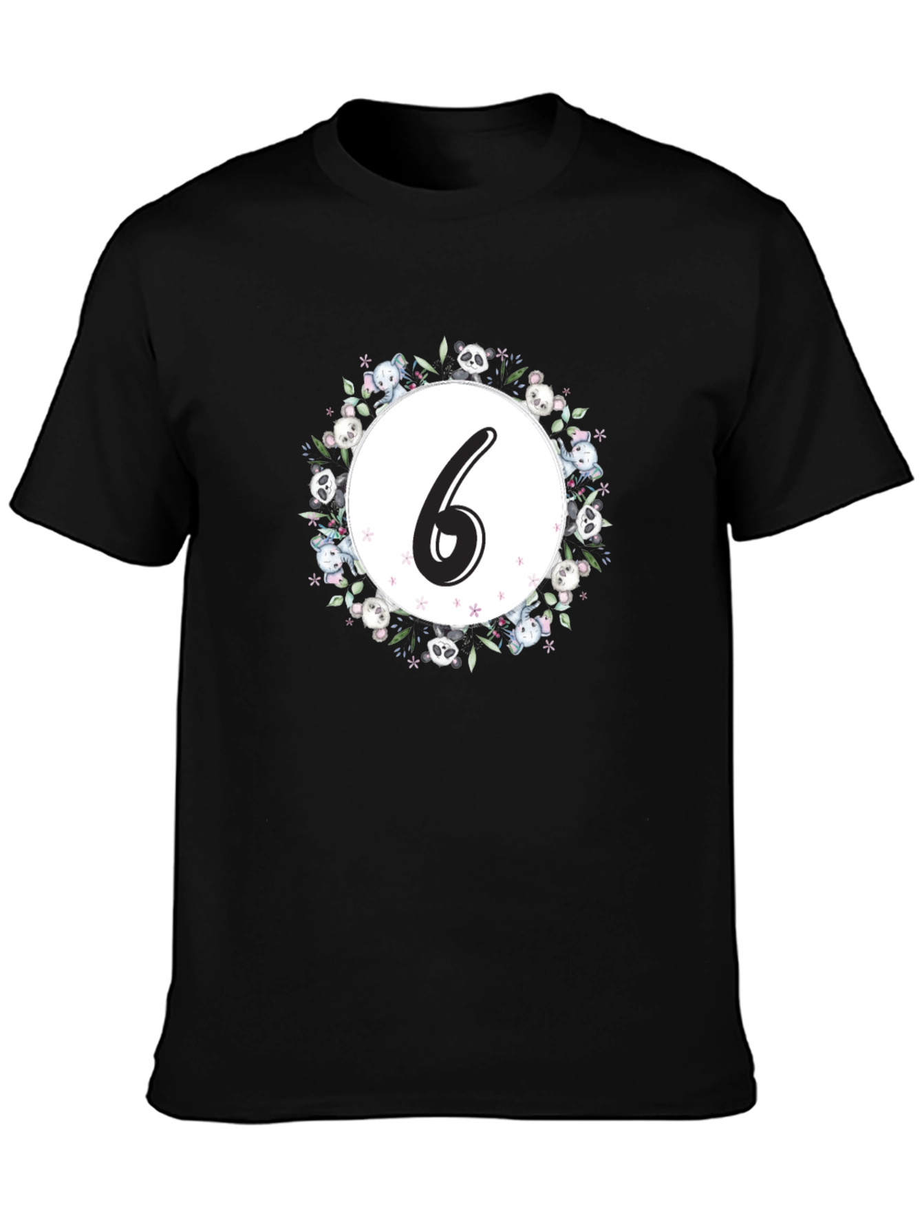 Cute Number 6 Panda Floral Wreath Black T-Shirt