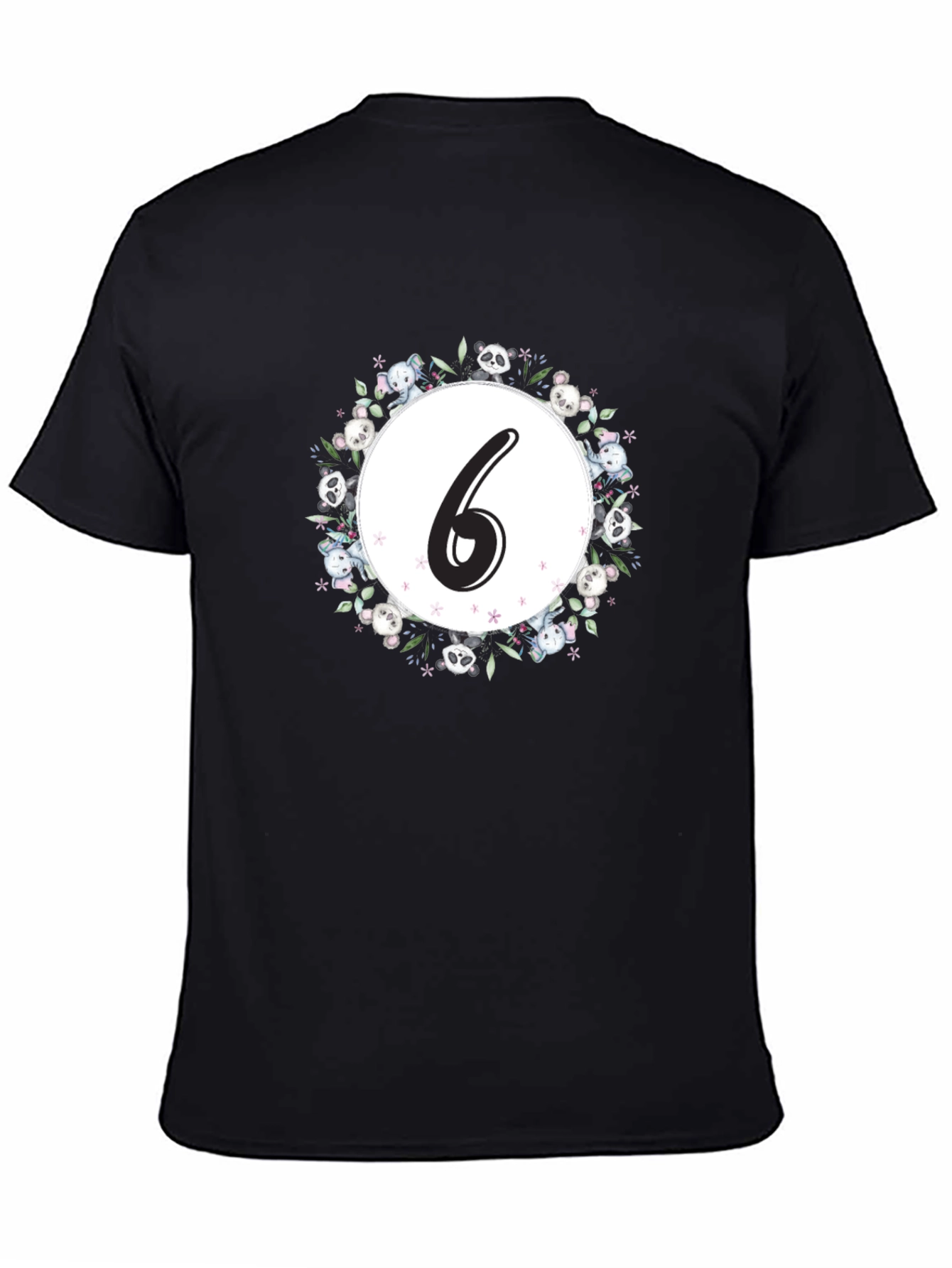 Cute Number 6 Panda Floral Wreath Black T-Shirt