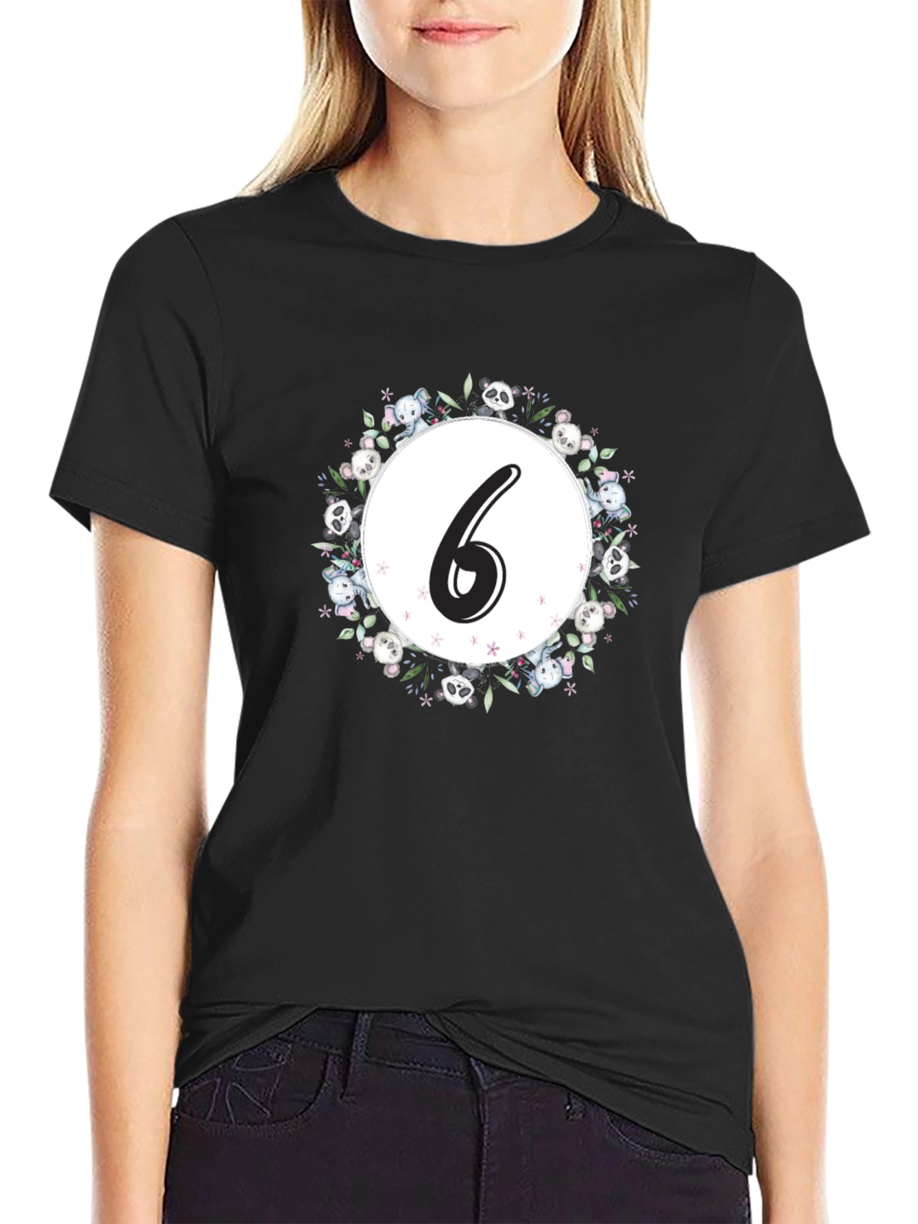 Cute Number 6 Panda Floral Wreath Black T-Shirt
