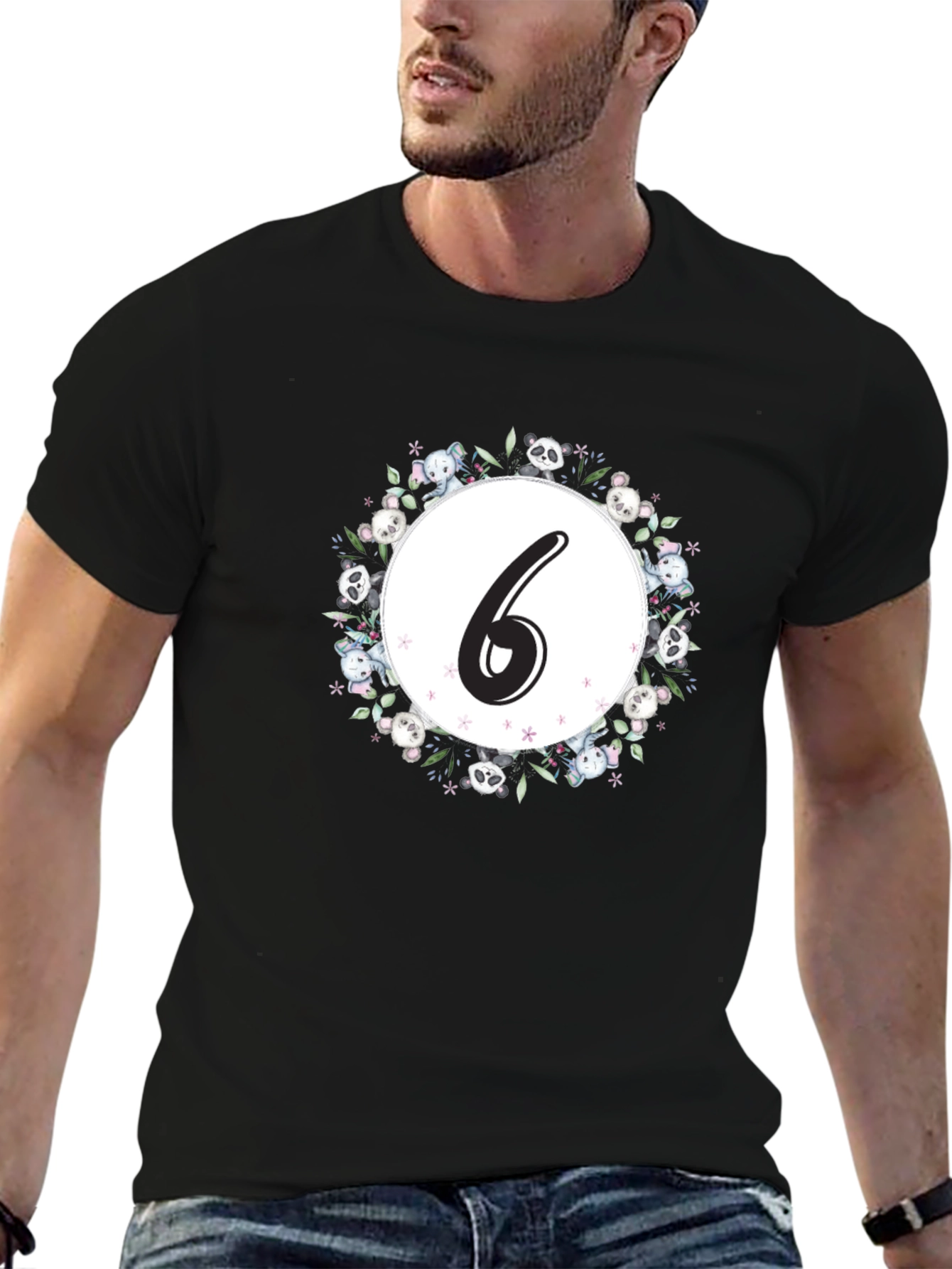 Cute Number 6 Panda Floral Wreath Black T-Shirt