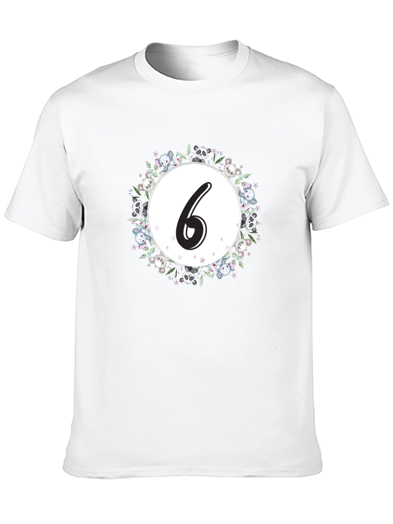 Cute Number 6 Panda Floral Wreath Black T-Shirt