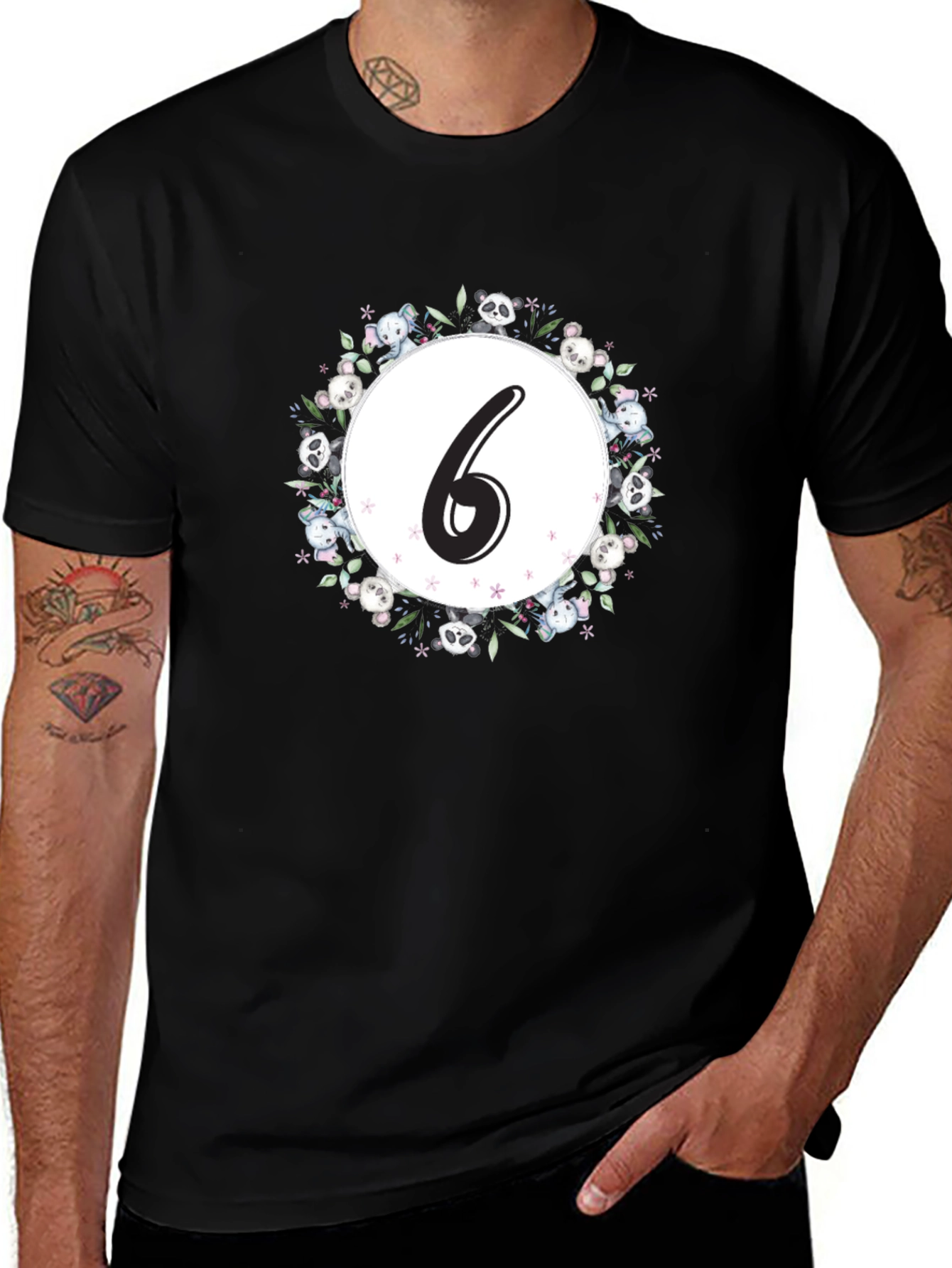 Cute Number 6 Panda Floral Wreath Black T-Shirt