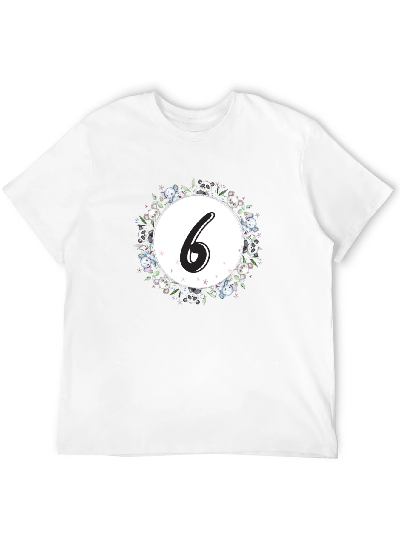 Cute Number 6 Panda Floral Wreath Black T-Shirt