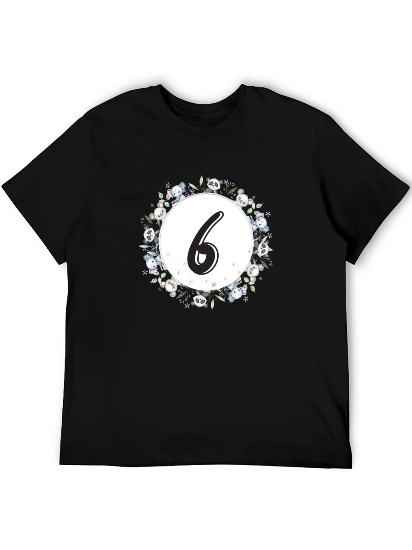 Cute Number 6 Panda Floral Wreath Black T-Shirt
