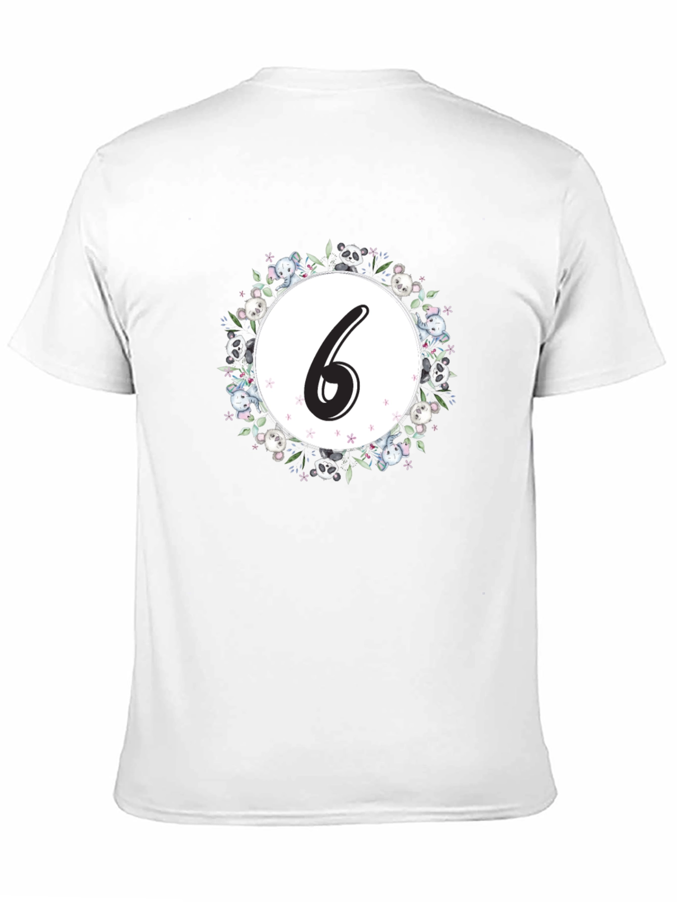 Cute Number 6 Panda Floral Wreath Black T-Shirt