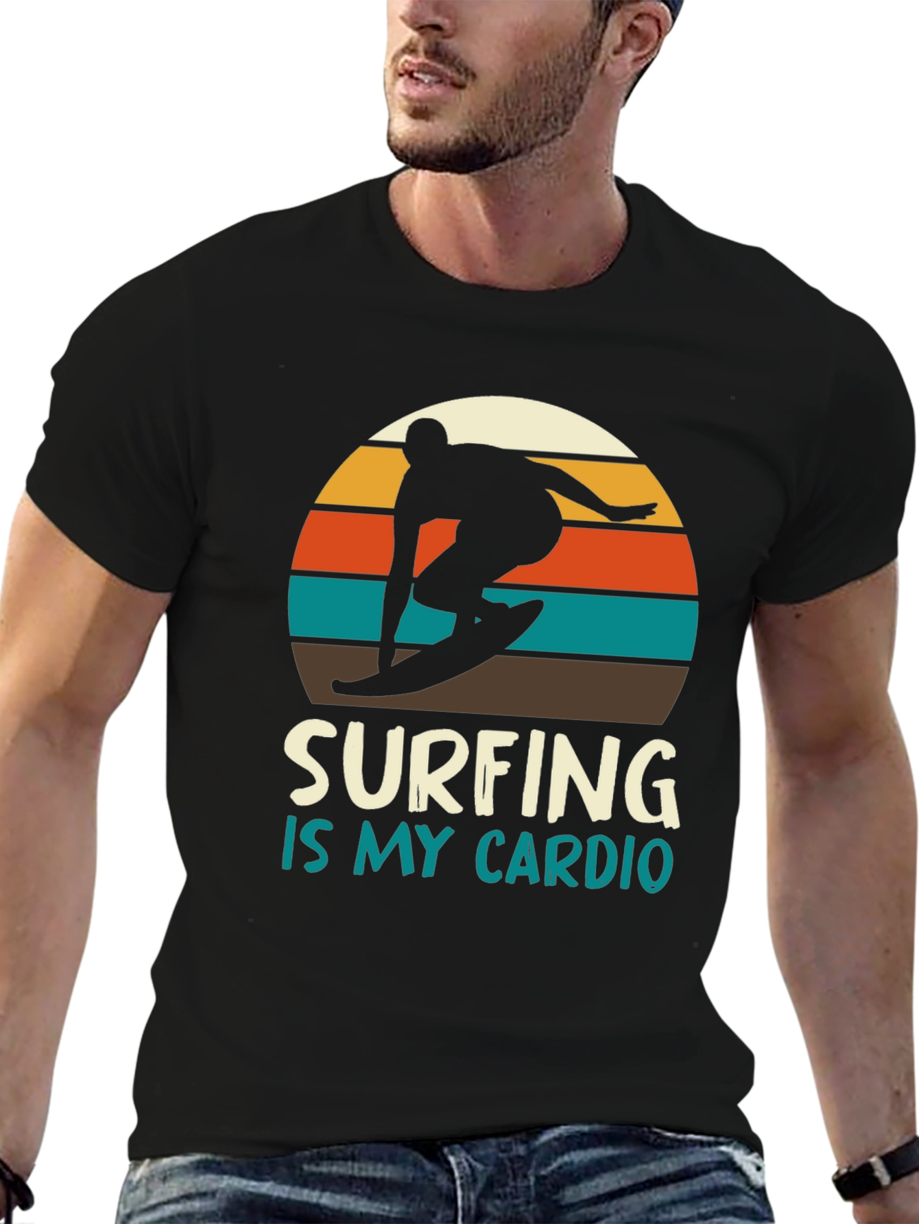 Surfing is My Cardio T-Shirt - Retro Sunset Design
