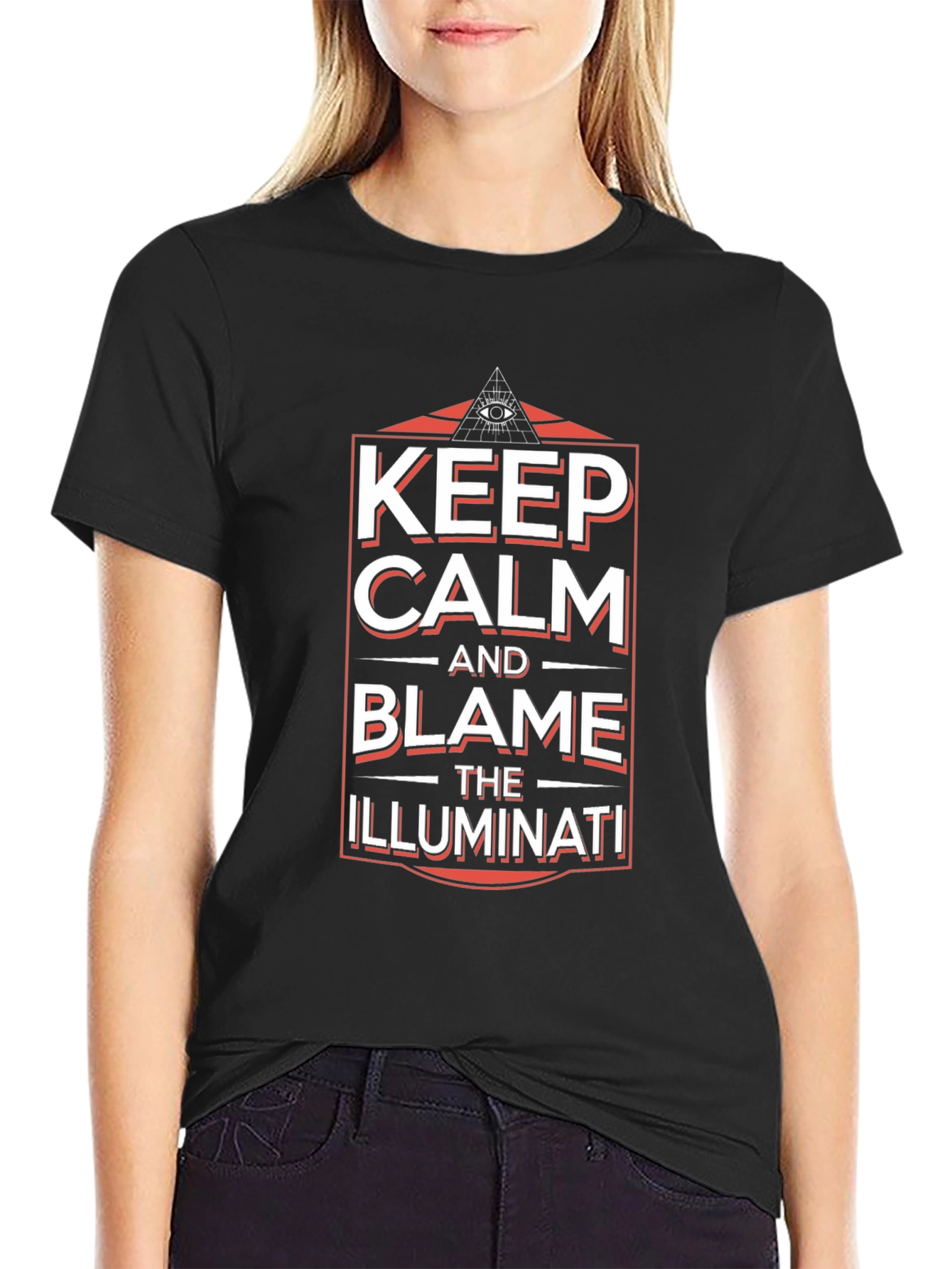 Keep Calm and Blame Illuminati Black Graphic T-Shirt