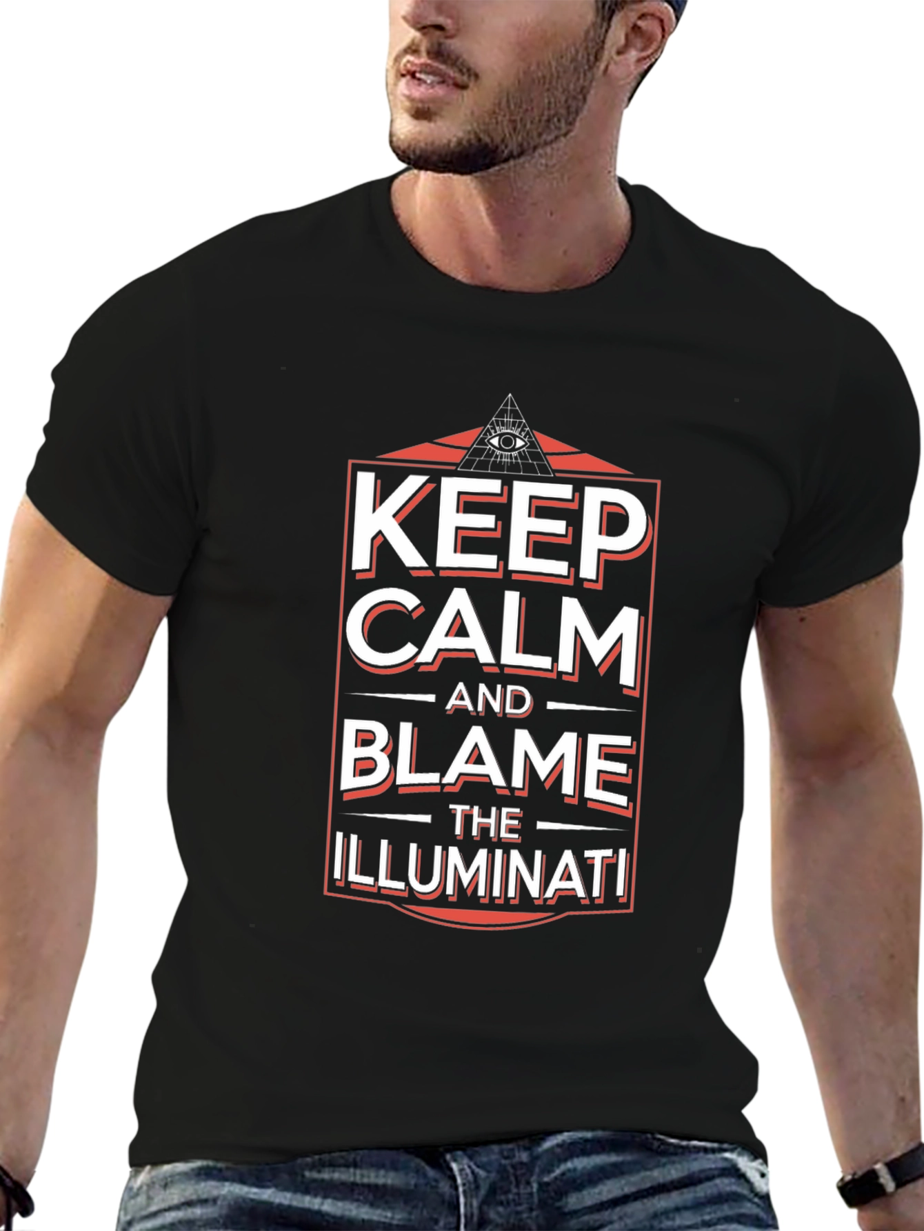 Keep Calm and Blame Illuminati Black Graphic T-Shirt