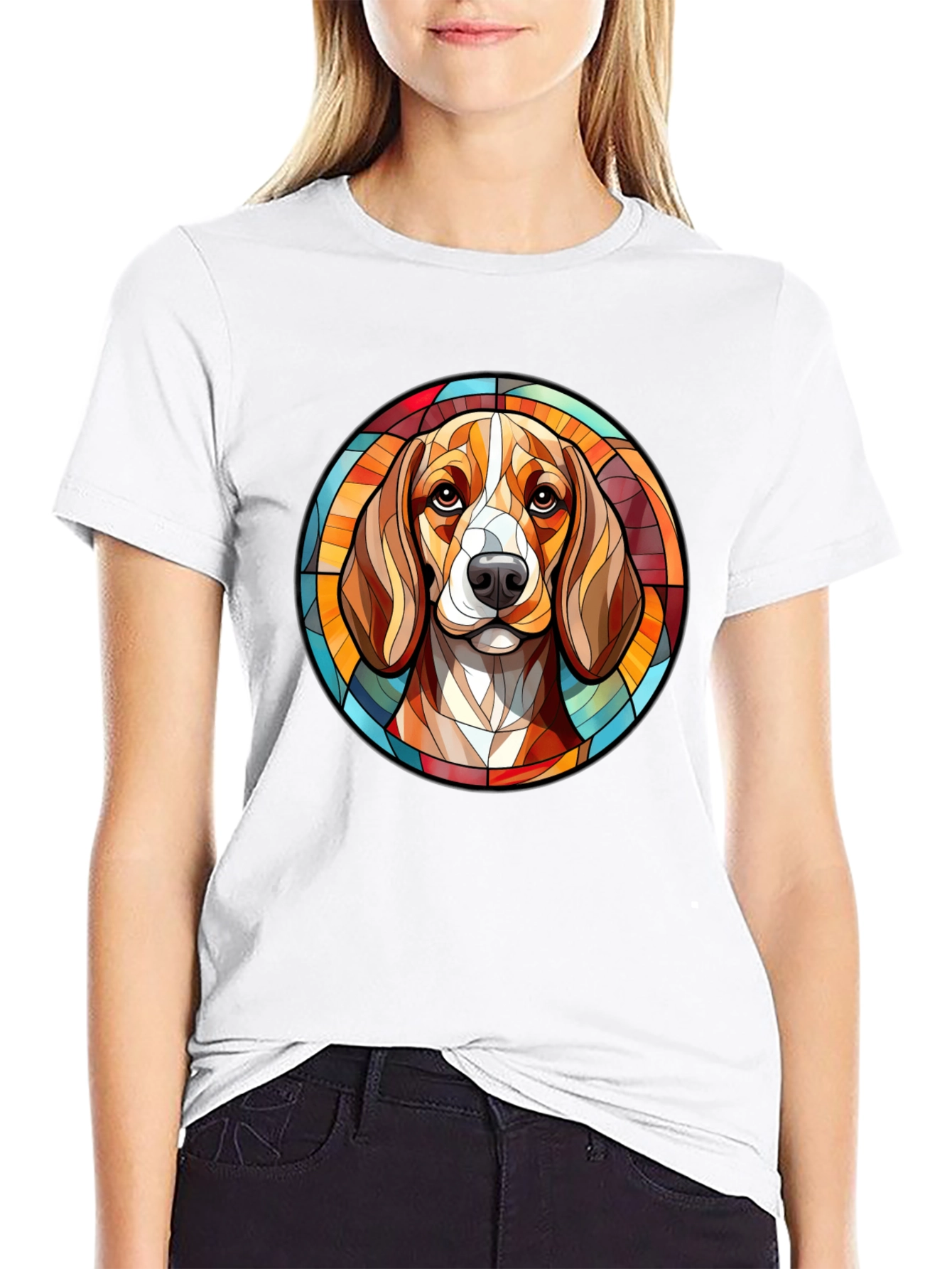 Stained Glass Dog Portrait Black T-Shirt