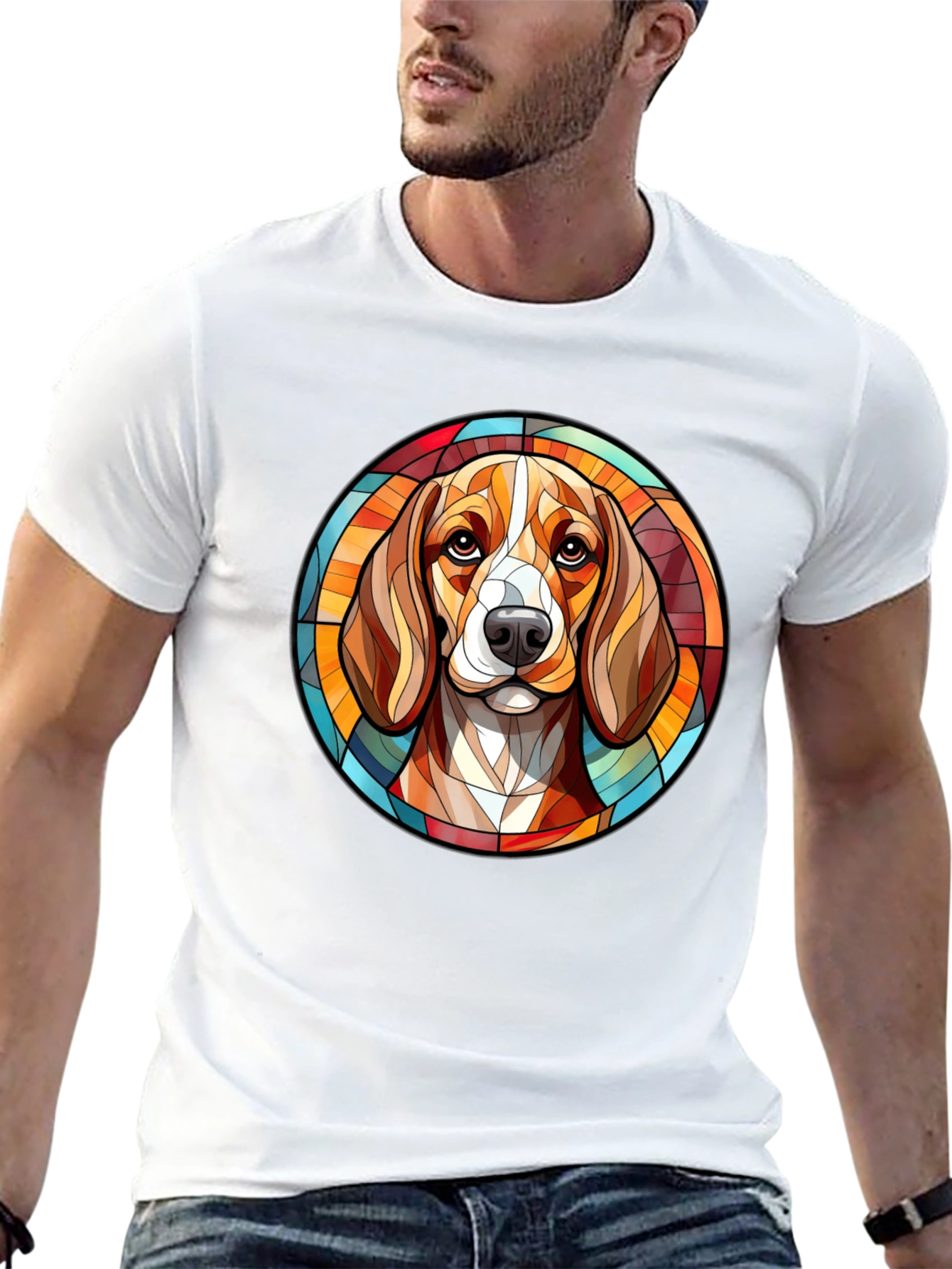 Stained Glass Dog Portrait Black T-Shirt