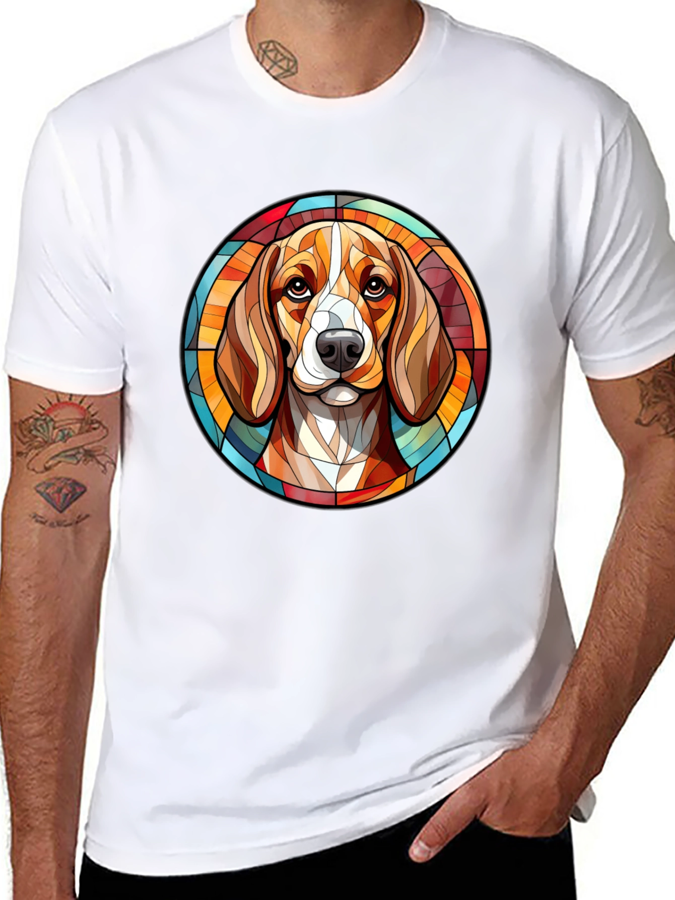 Stained Glass Dog Portrait Black T-Shirt