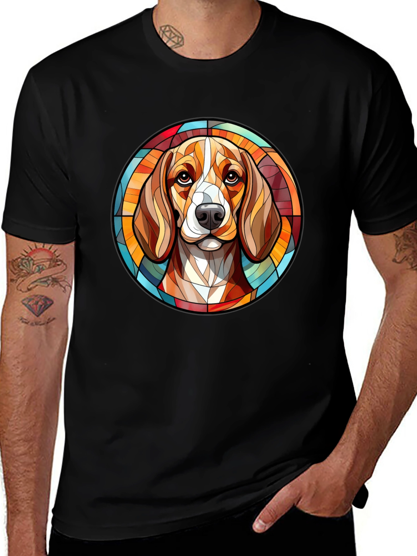Stained Glass Dog Portrait Black T-Shirt