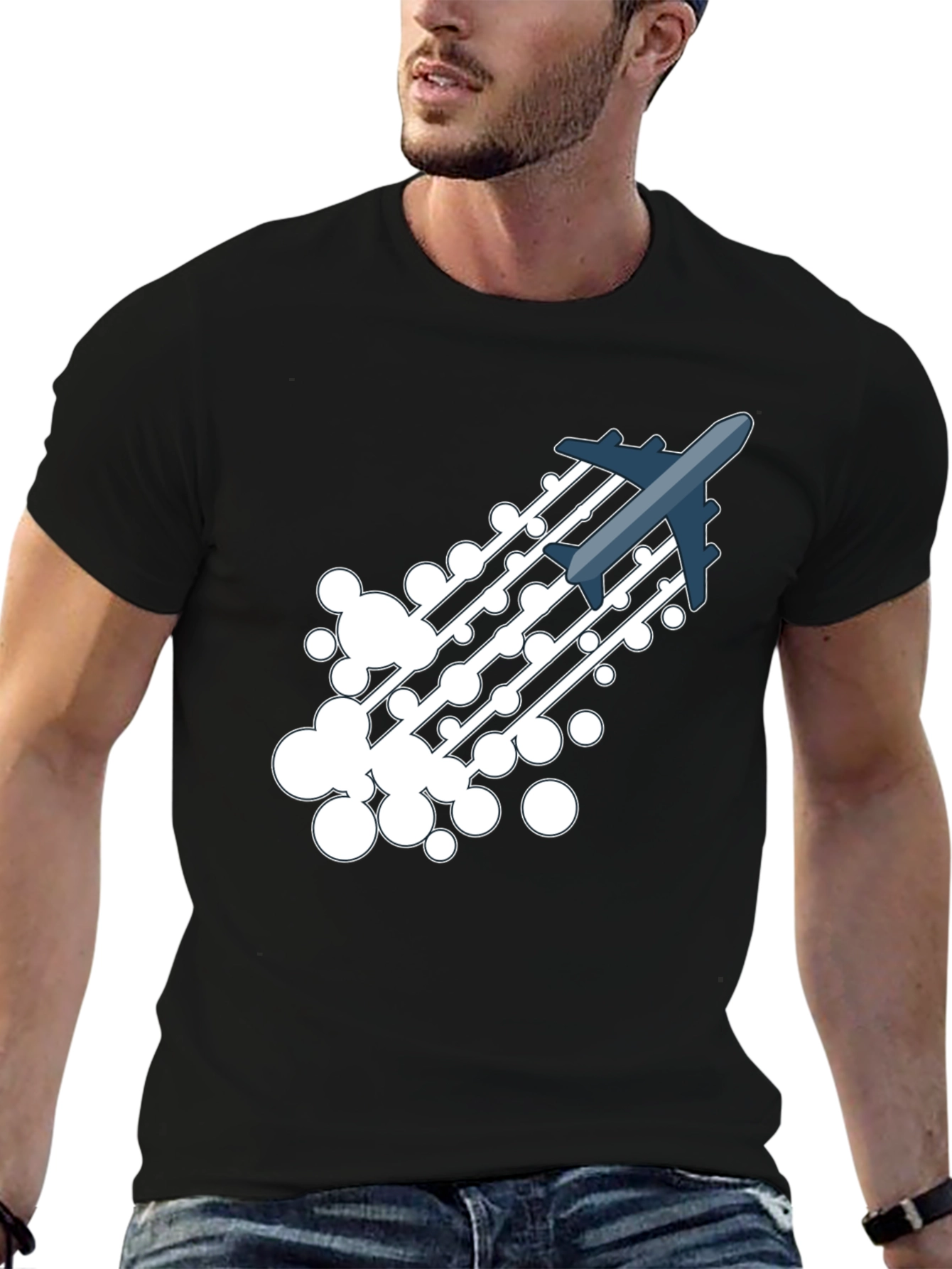 Airplane Trail Graphic Tee - Black Cotton Blend Shirt