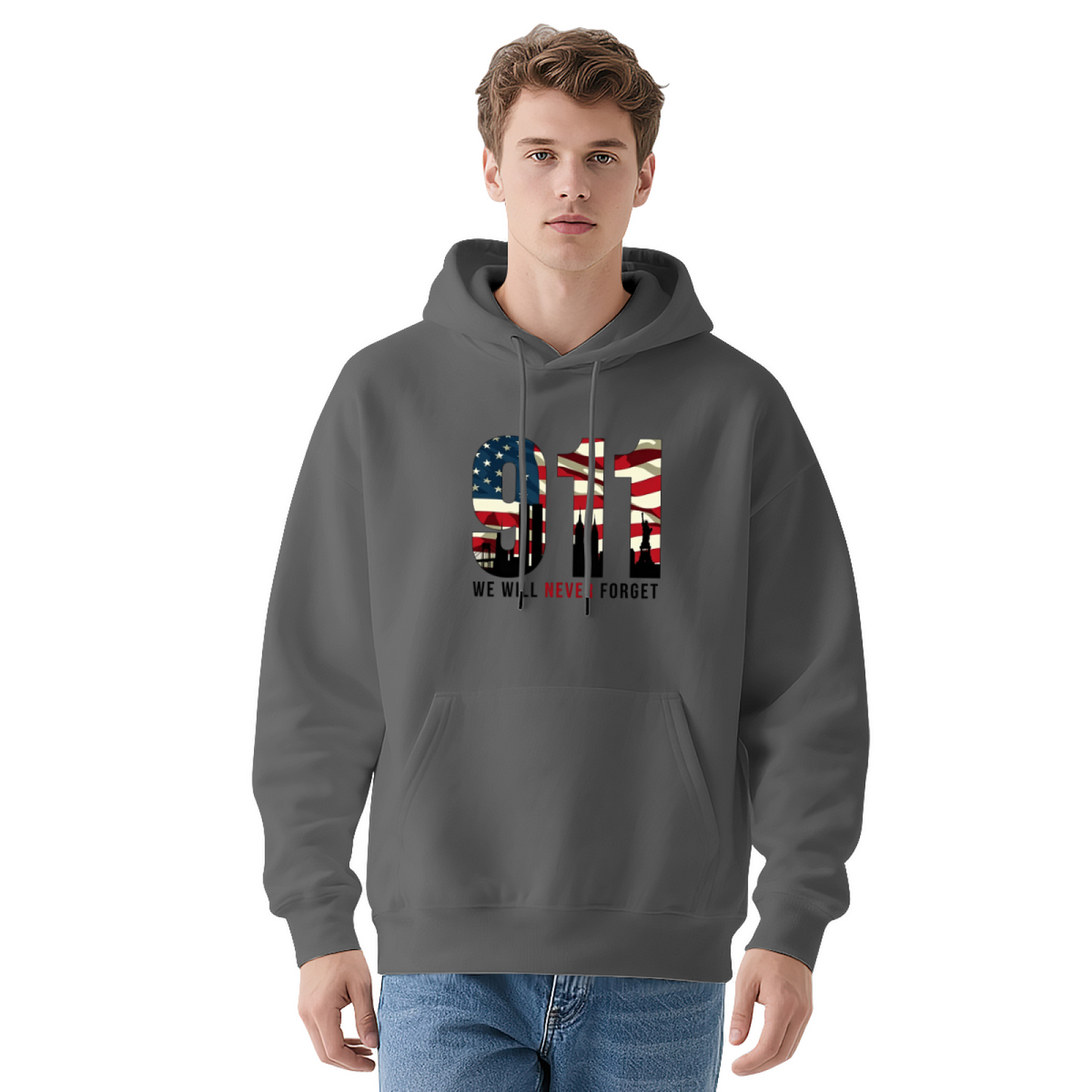 911 American Flag Fill Twin Towers We Will Never Forget Graphic Hoodie
