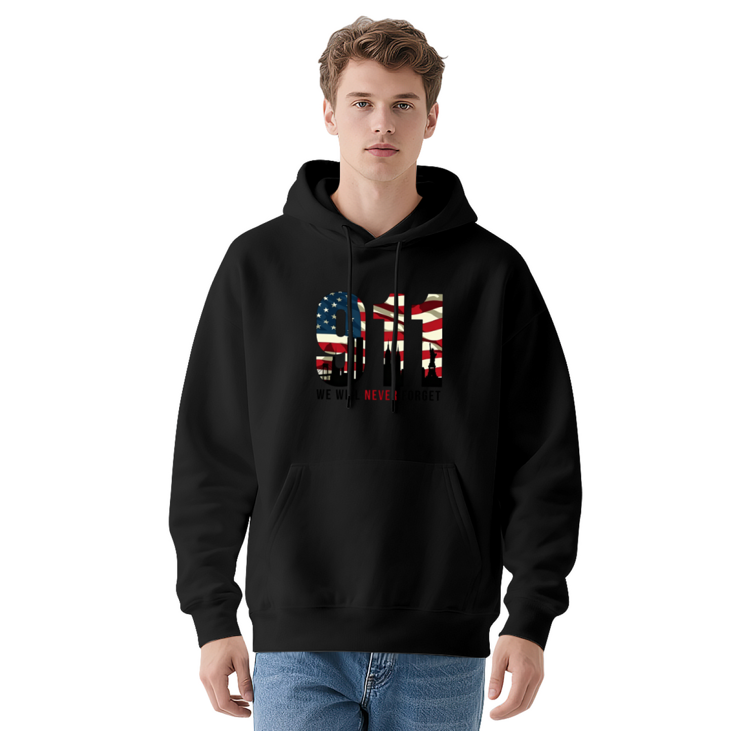 911 American Flag Fill Twin Towers We Will Never Forget Graphic Hoodie