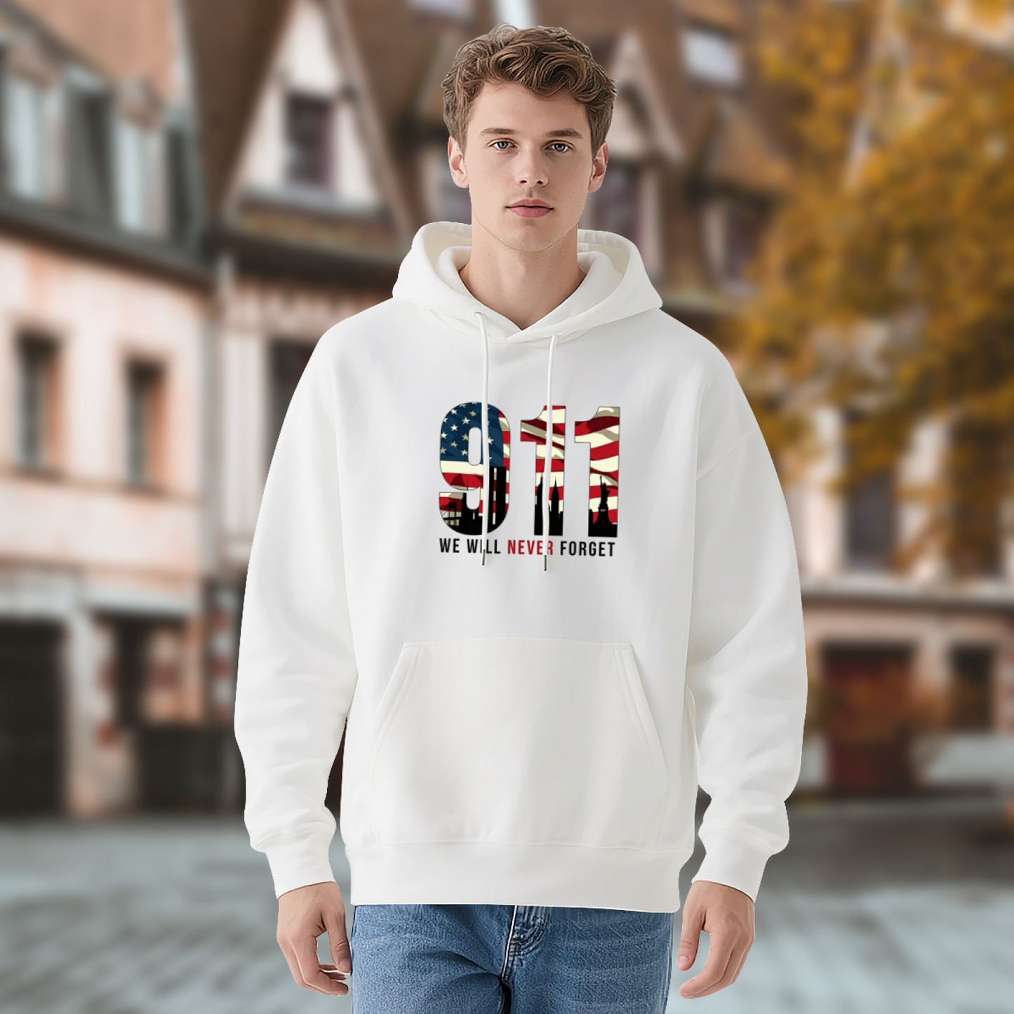 911 American Flag Fill Twin Towers We Will Never Forget Graphic Hoodie
