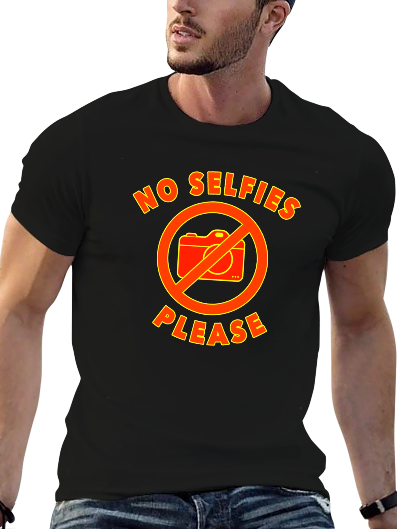No Selfies Please Graphic Tee - Black Cotton T-Shirt