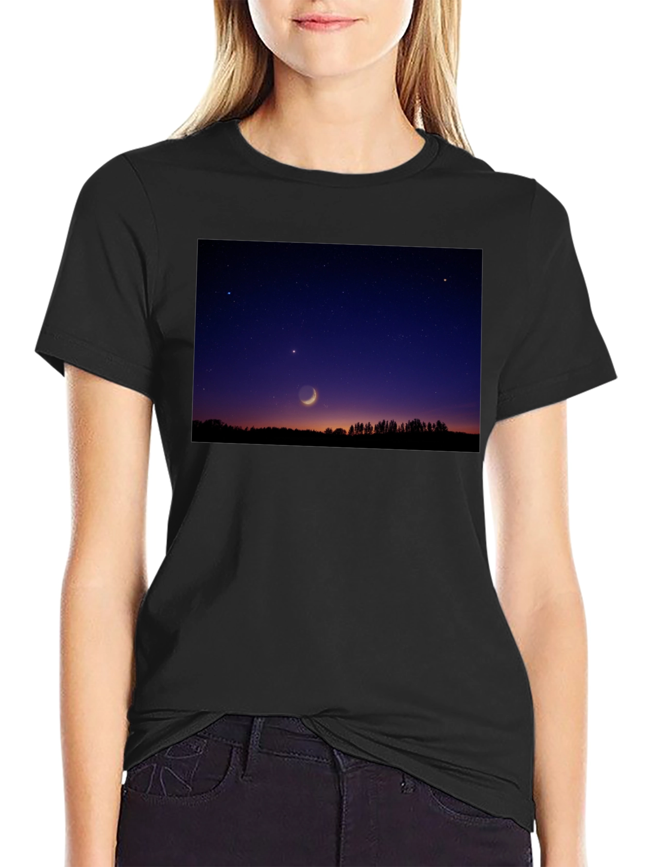 Mens Black T-Shirt with Night Sky Crescent Moon Design