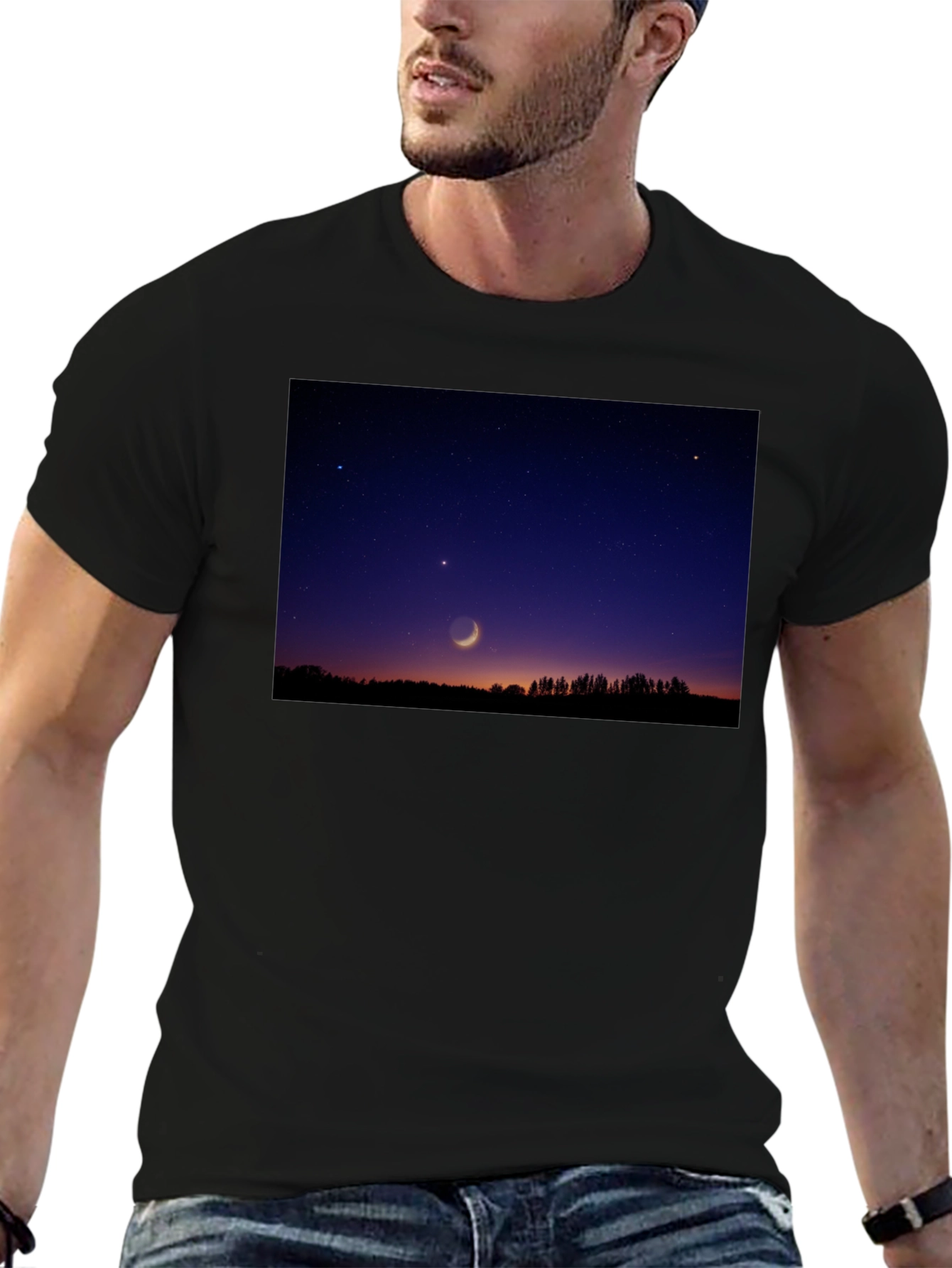 Mens Black T-Shirt with Night Sky Crescent Moon Design