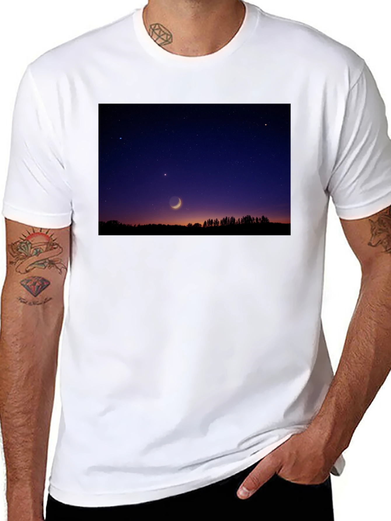Mens Black T-Shirt with Night Sky Crescent Moon Design