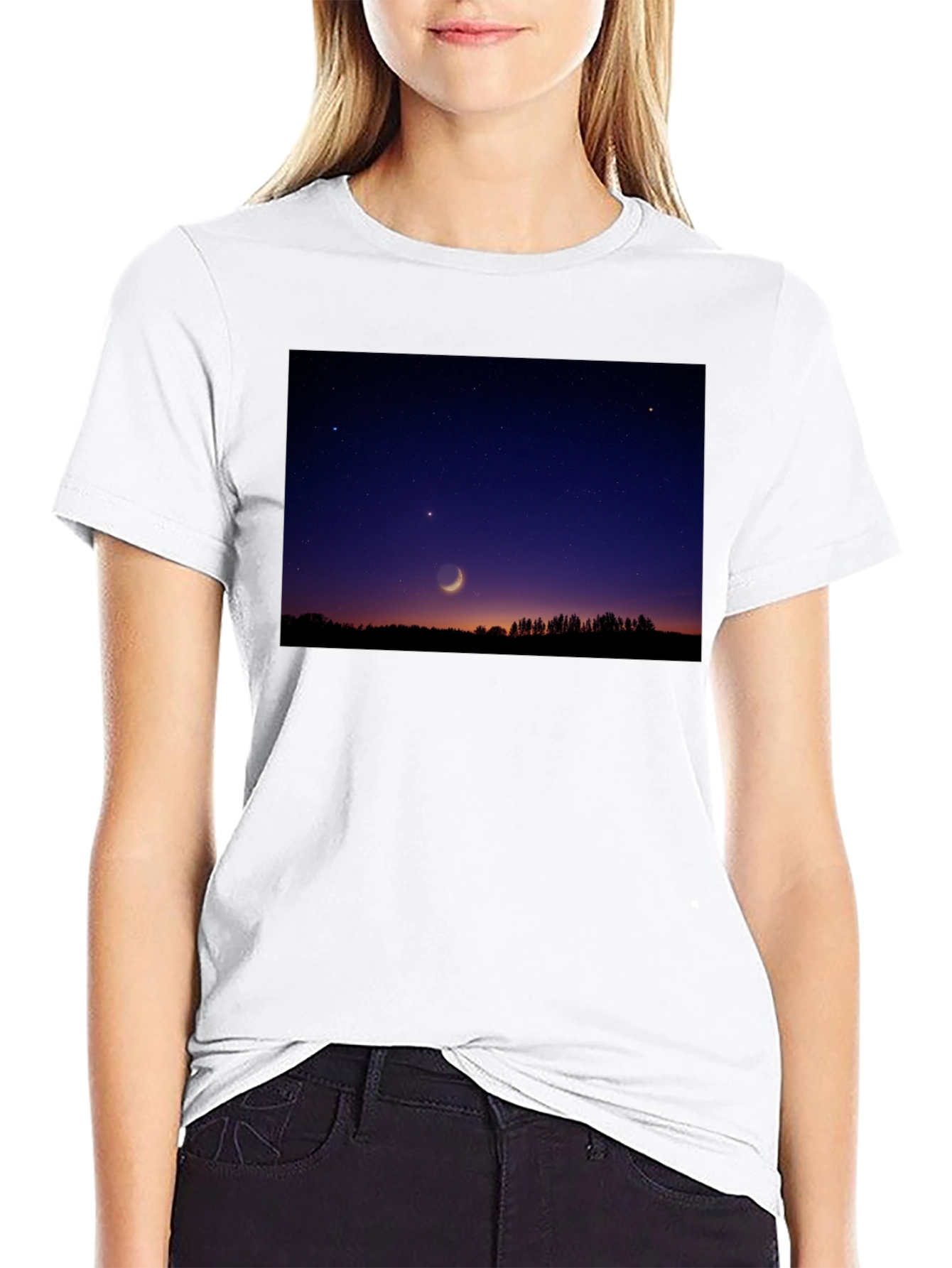 Mens Black T-Shirt with Night Sky Crescent Moon Design