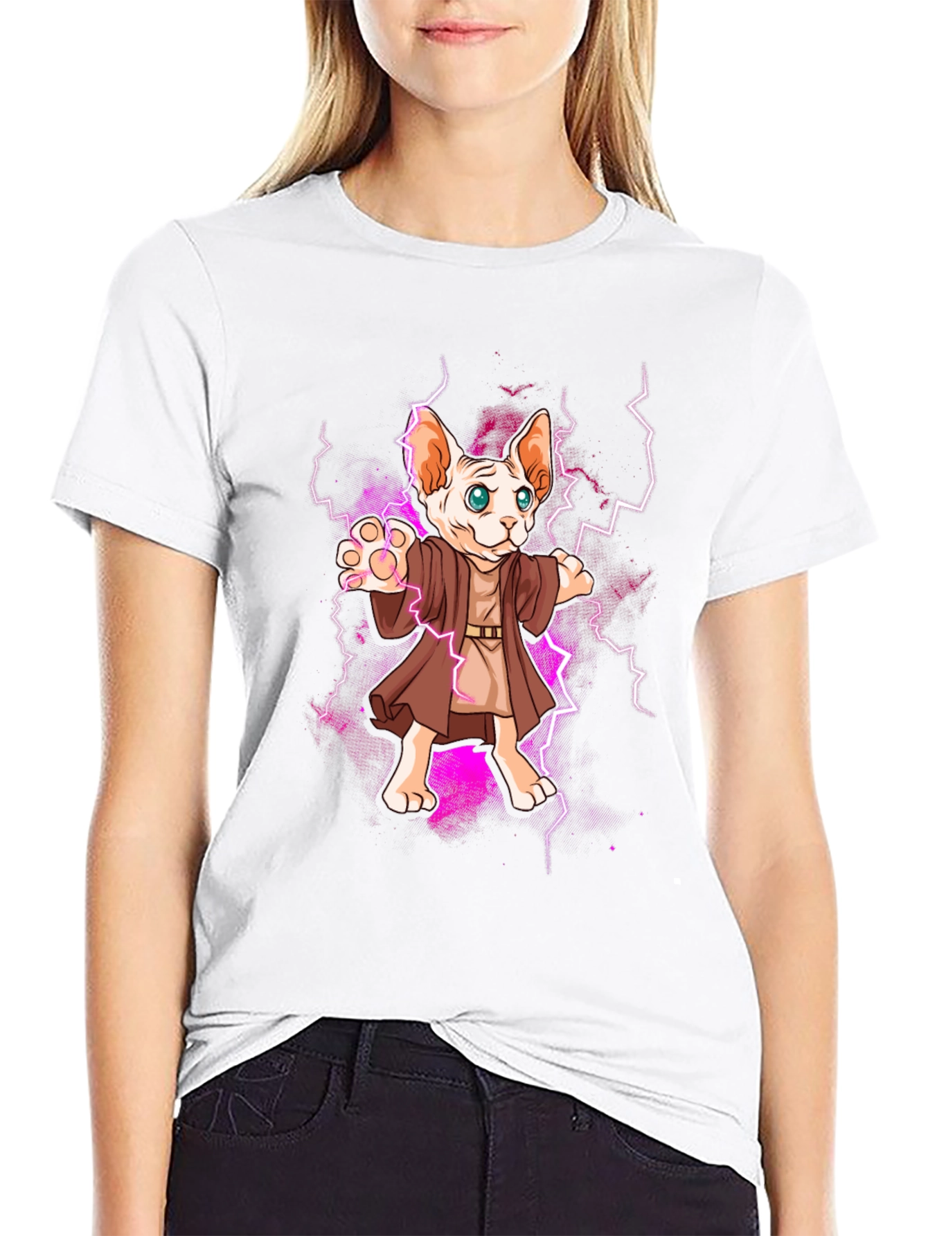 Wizard Cat Graphic Tee - Sphynx Lightning Bolt T-Shirt