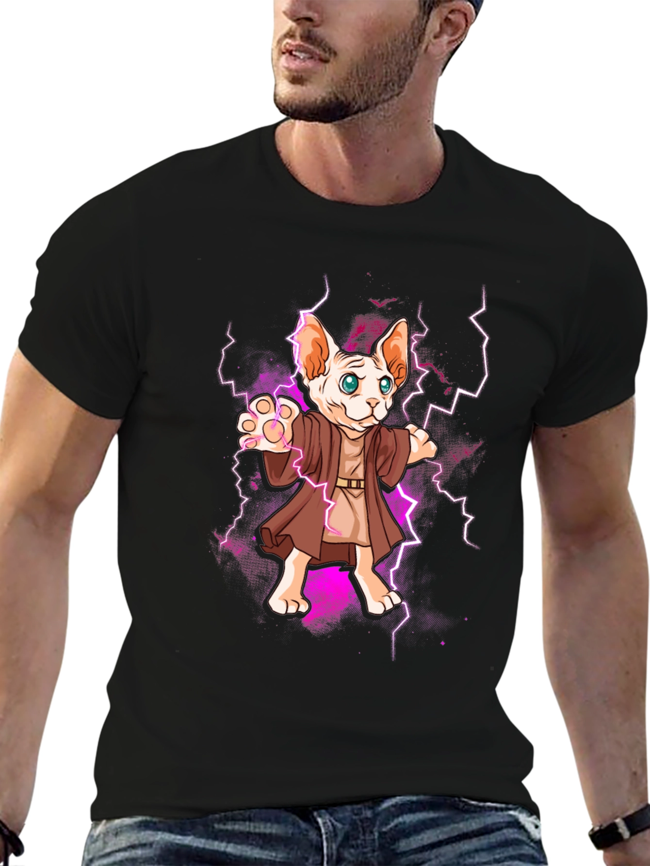 Wizard Cat Graphic Tee - Sphynx Lightning Bolt T-Shirt
