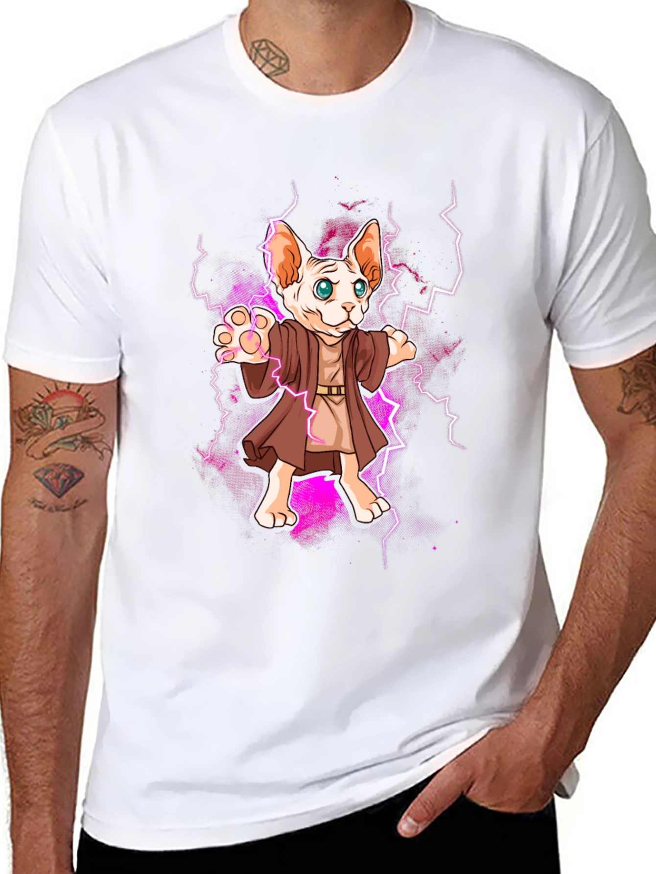 Wizard Cat Graphic Tee - Sphynx Lightning Bolt T-Shirt