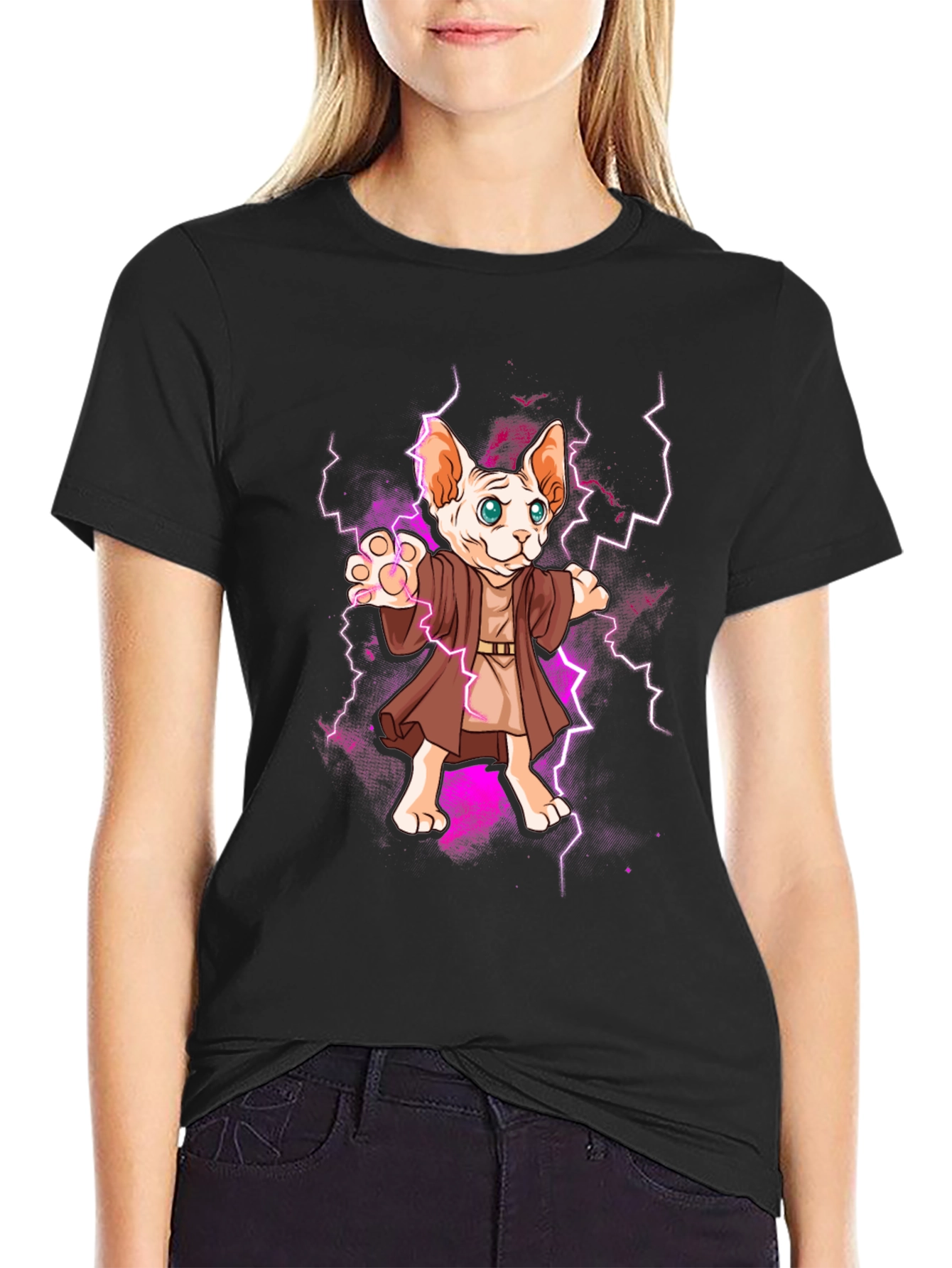 Wizard Cat Graphic Tee - Sphynx Lightning Bolt T-Shirt