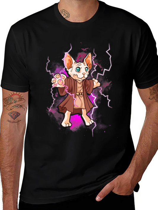 Wizard Cat Graphic Tee - Sphynx Lightning Bolt T-Shirt