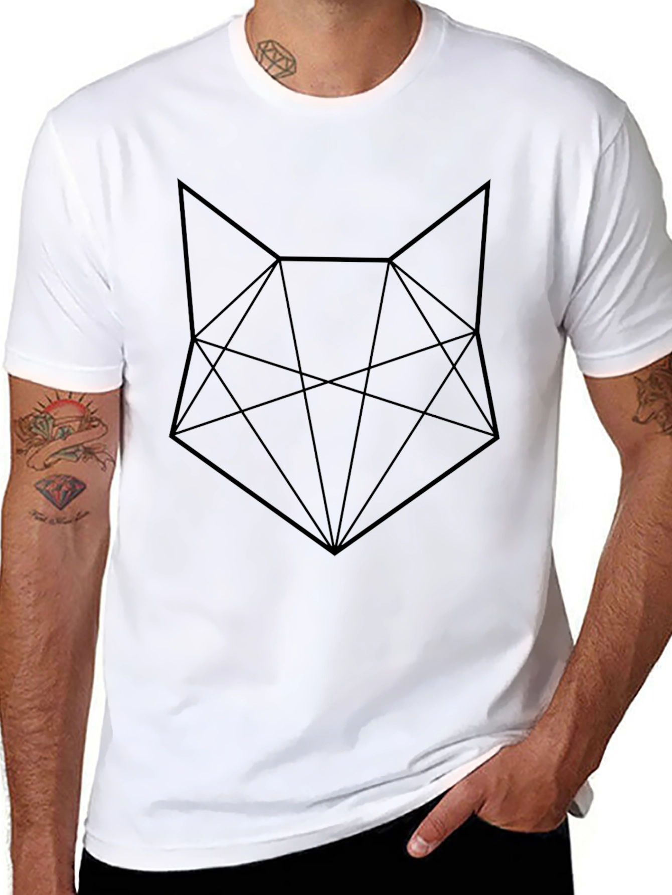 Geometric Fox Graphic Tee - Black Cotton Blend
