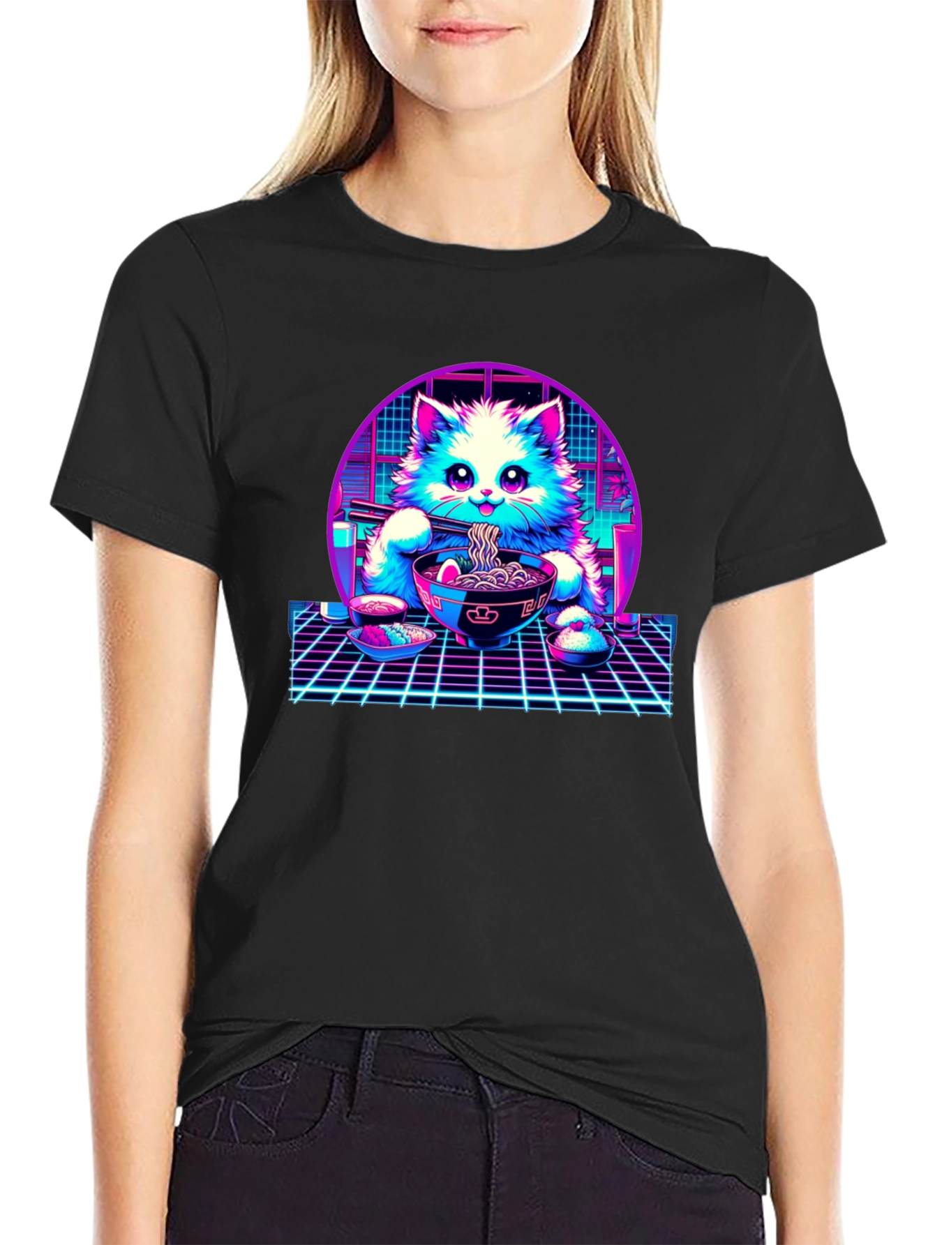 Retro Ramen Cat T-Shirt - Vaporwave Style