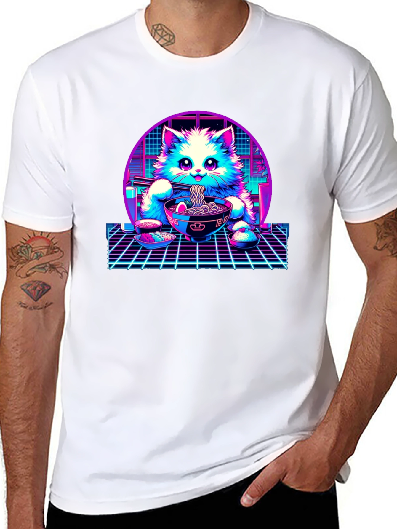 Retro Ramen Cat T-Shirt - Vaporwave Style