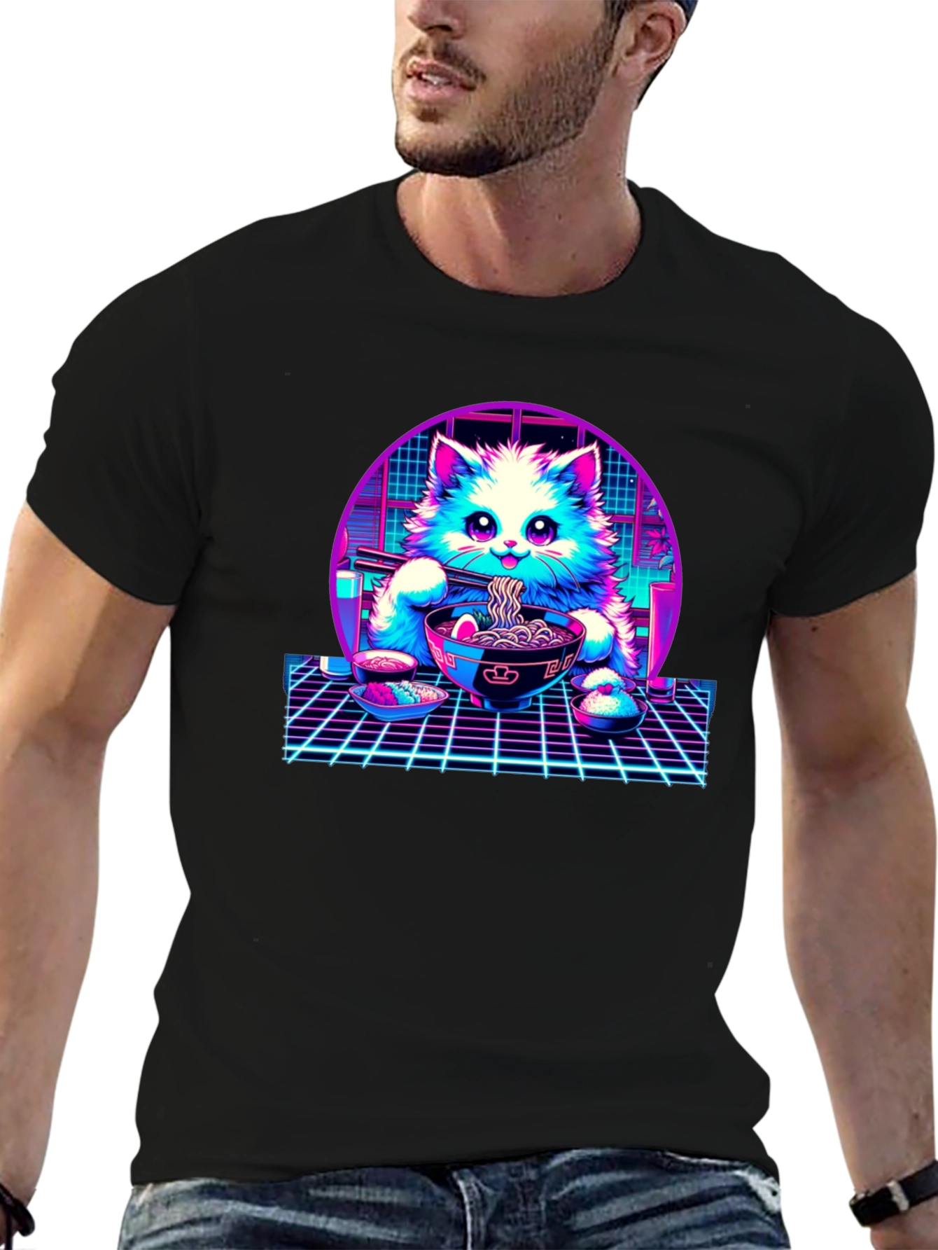 Retro Ramen Cat T-Shirt - Vaporwave Style